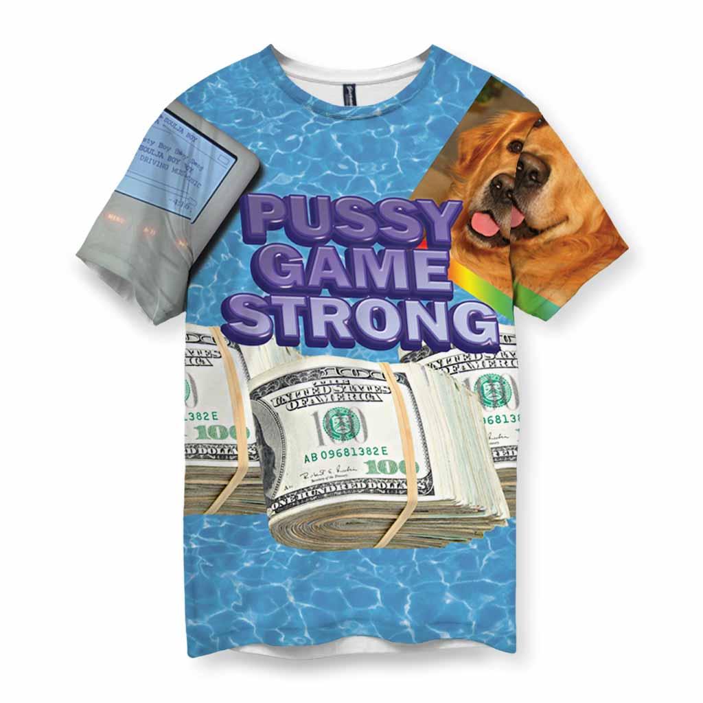 A chaotic meme collage explodes across bright aquatic blue pool water, dominated by "PUSSY GAME STRONG" in massive 3D bubble letters (deep purple with glossy highlights). Contact us with accessibility feedback, we'd love to help!