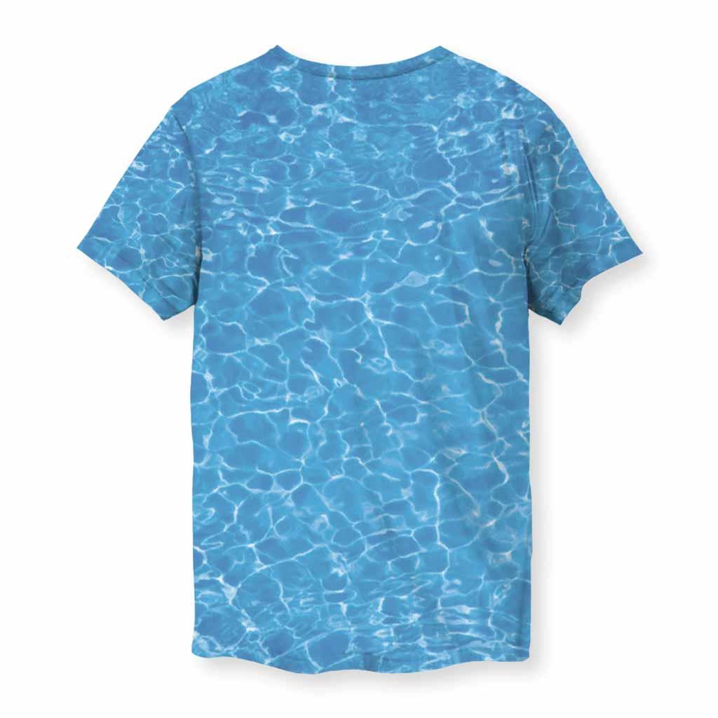 Pussy Game Strong T-Shirt - The glossy, deep amethyst purple (#663399) 3D lettering contrasting against the hyper-realistic azure swimming pool water (#0096FF)