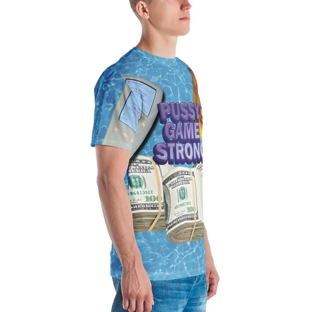 Pussy Game Strong T-Shirt in Digital Aquatic Chaos. OEKO-TEX® 100, REACH Compliant, Zero-Wastewater Printing.