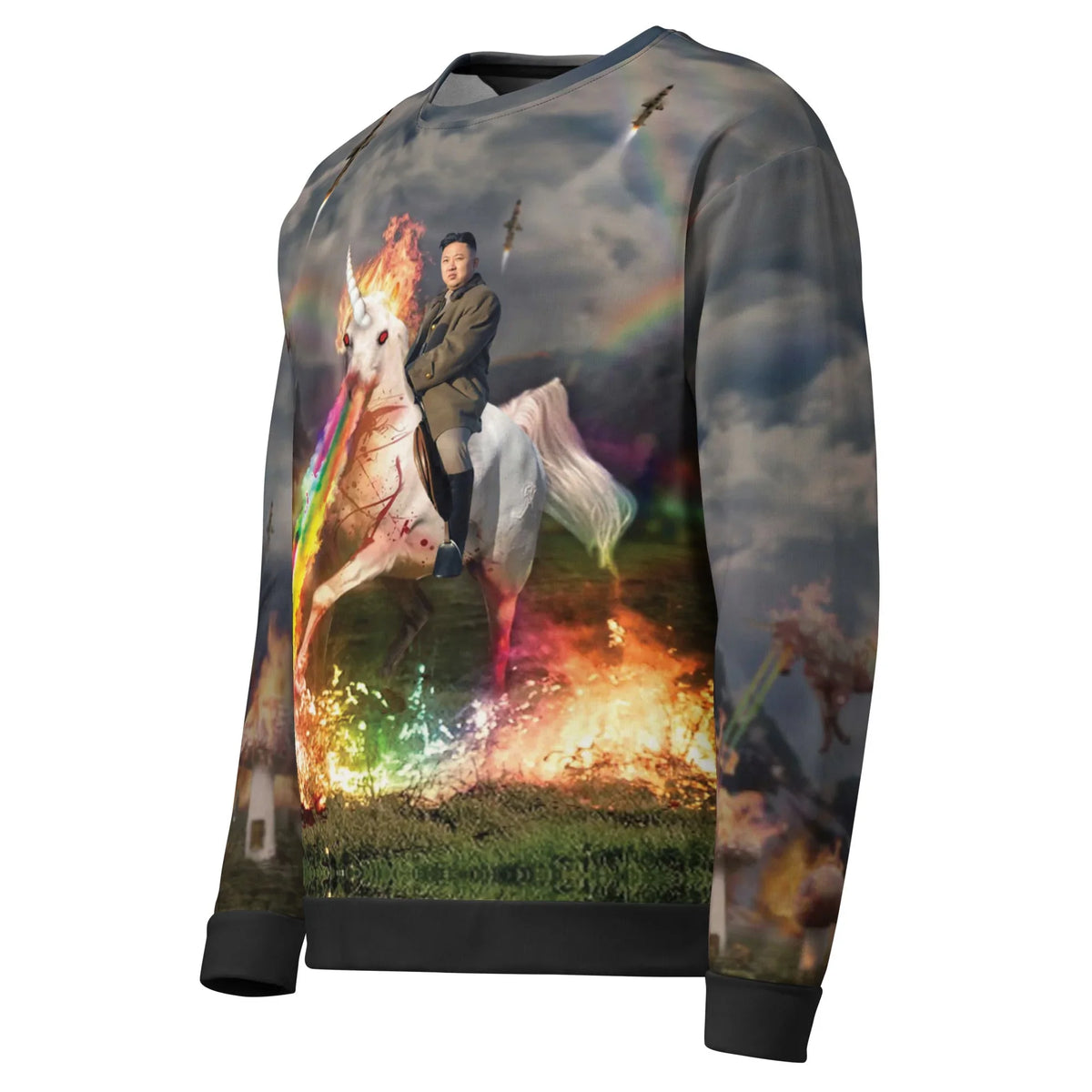 Rainbow Unicorn Kim Jong Un Sweatshirt - The jarring contrast between the Olive Drab (#4B5320) military greatcoat and the violent Radioactive Gold (#FFD700) and Magenta Shock (#FF00FF) rainbow projectile vomit.