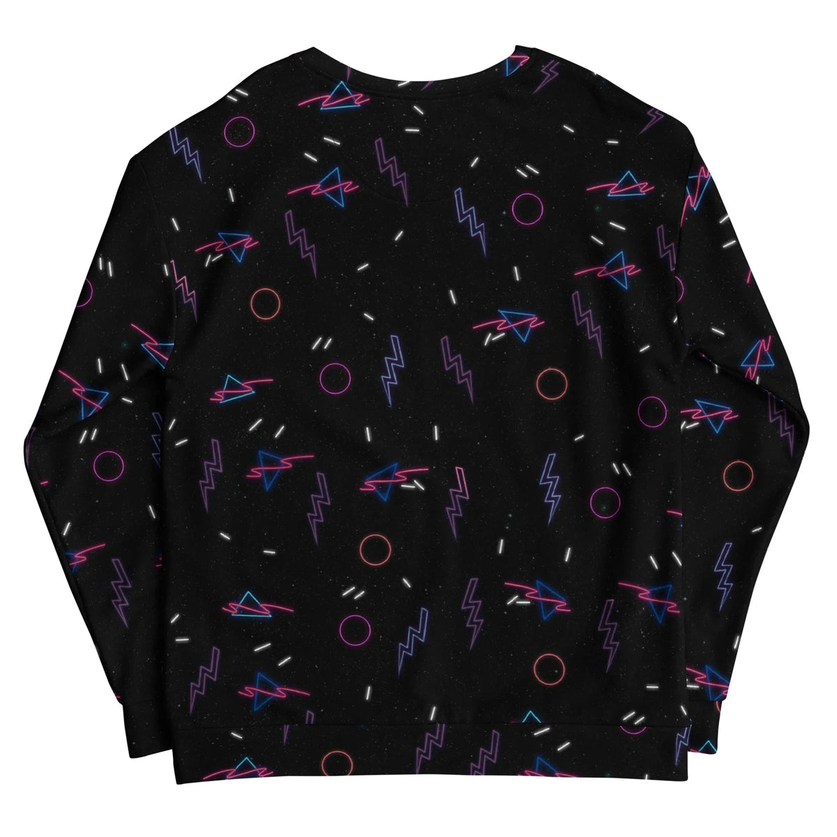 Retro Arcade Carpet Sweatshirt - The distinctive contrast of electric cyan lightning bolts (#00FFFF) and hot magenta rings (#FF1493) floating over a star-dusted obsidian void (#050505 with #FFFFFF speckles).