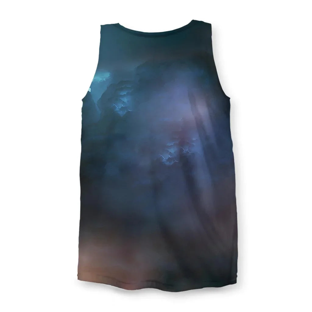 Return of the Lightning Cat Men's Tank - The photorealistic tabby cat, standing bipedally with its mouth open in a roar, dramatically illuminated by jagged forks of pure white (#FFFFFF) lightning against the moody indigo (#3A3D68) sky.