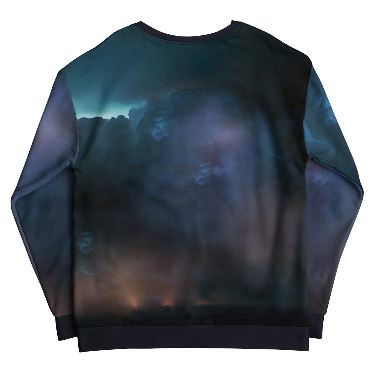Return of the Lightning Cat Sweatshirt - The photorealistic tabby casting jagged #F0FFFF lightning arcs against a #191970 indigo storm backdrop, instantly recalling the "galaxy cat" visual language of early 2010s internet aesthetics.