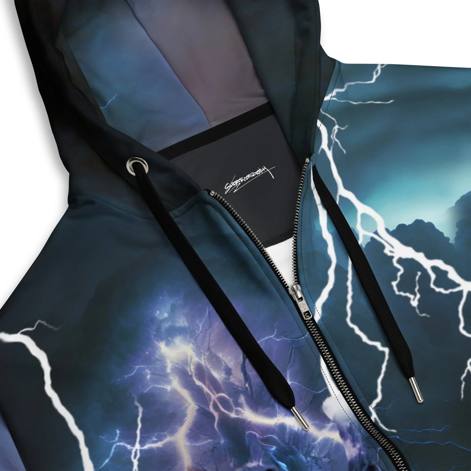 Return of the Lightning Cat Zip Hoodie in Voltaic Midnight Storm. OEKO-TEX® 100, REACH Compliant, GRS Certified.
