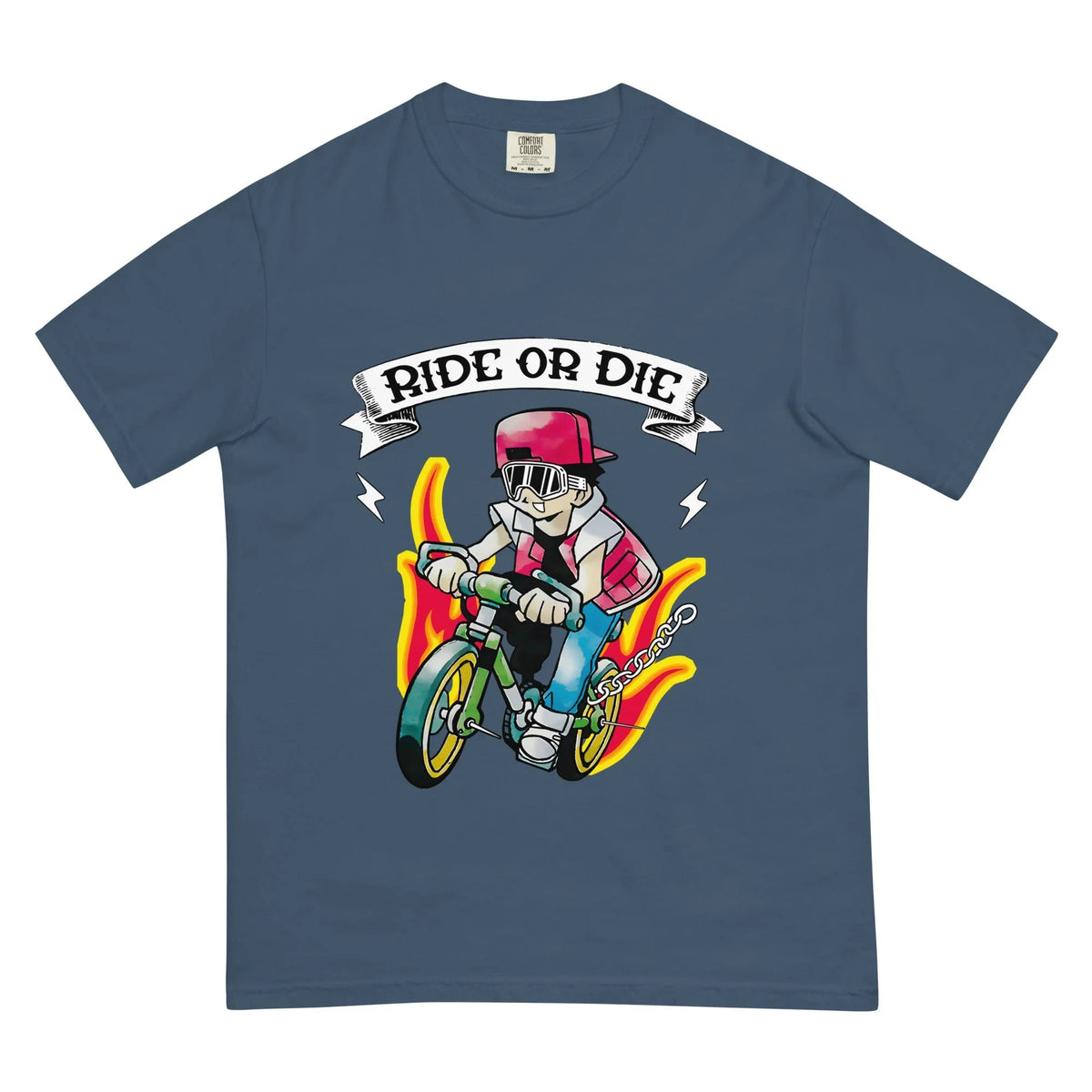 Ride or Die T-Shirt in Midnight Blaze Nostalgia. OEKO-TEX® 100, WRAP Certified, US Cotton Trust Protocol.