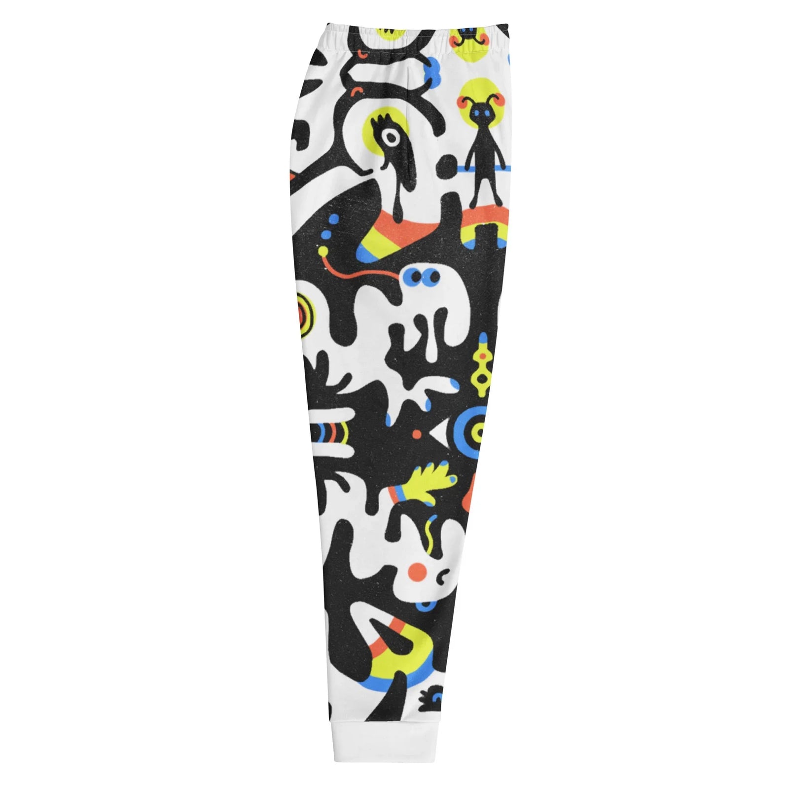 Rorschach Tabar Joggers - The stark interplay of **Graphic Noir Black (#0F0F0F)** fluid masses against white, punctuated by the unblinking cyclopean eyes and bursts of **Electric Lemon Yellow (#FFF200)**, **Vivid Azure Blue (#007FFF)**, and **Tomato Red (#FF6347)**