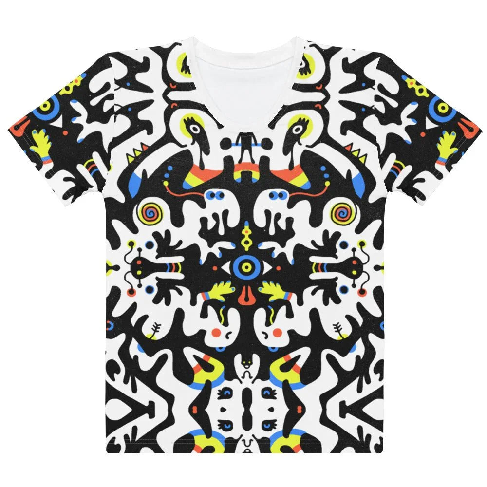 Rorschach Tabar Women's Tee in Psychedelic Inkblot Primary. OEKO-TEX® 100, REACH Compliant, Zero-Wastewater Printing.
