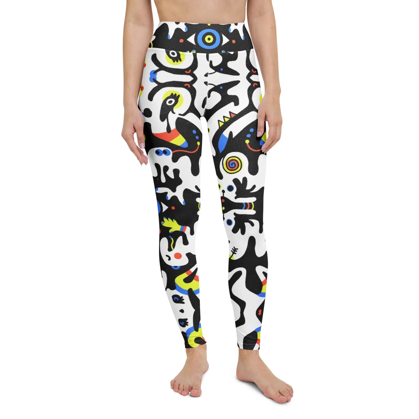 Rorschach Tabar Yoga Pants - The specific collision of fluid **Ink Black (#000000)** blob figures against the watchful cyclops eyes, punctuated by aggressive **Electric Lemon (#E8F236)** and **Royal Azure (#2E67F8)** geometric shards.