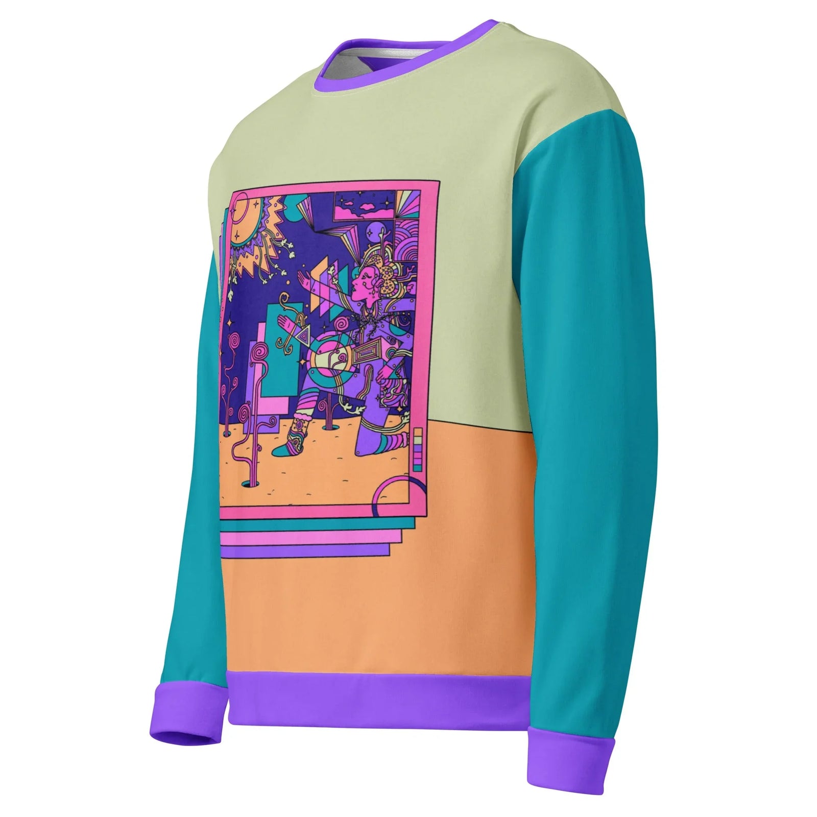 Sacred Sun Sweatshirt in Electric Sage & Sunset. OEKO-TEX® 100, REACH Compliant, GRS Certified.