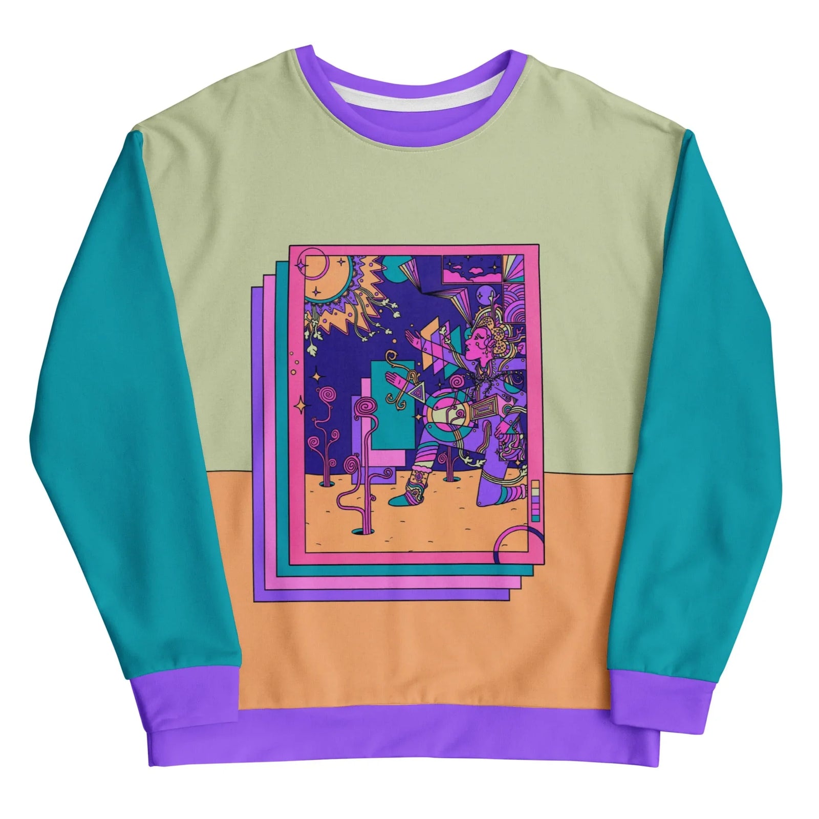 This vibrant, surrealist color-blocked design pairs a dusty sage green and sandy apricot orange torso with deep oceanic teal sleeves and electric violet accents. Contact us with accessibility feedback, we'd love to help!