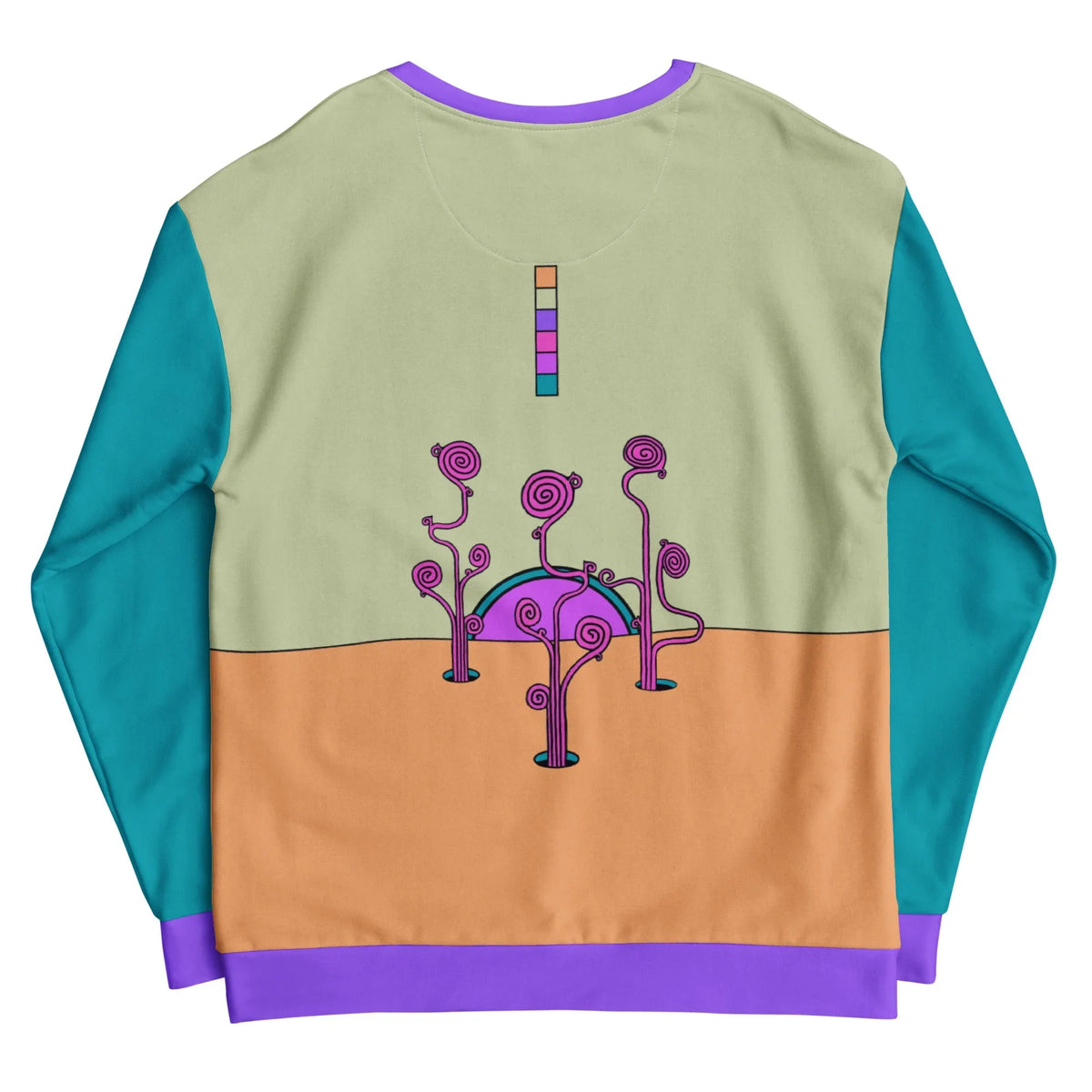 Sacred Sun Sweatshirt - The "window" illusion frame housing the stylized sun face, contrasted against the specific electric violet (#8D5FDB) ribbed trim