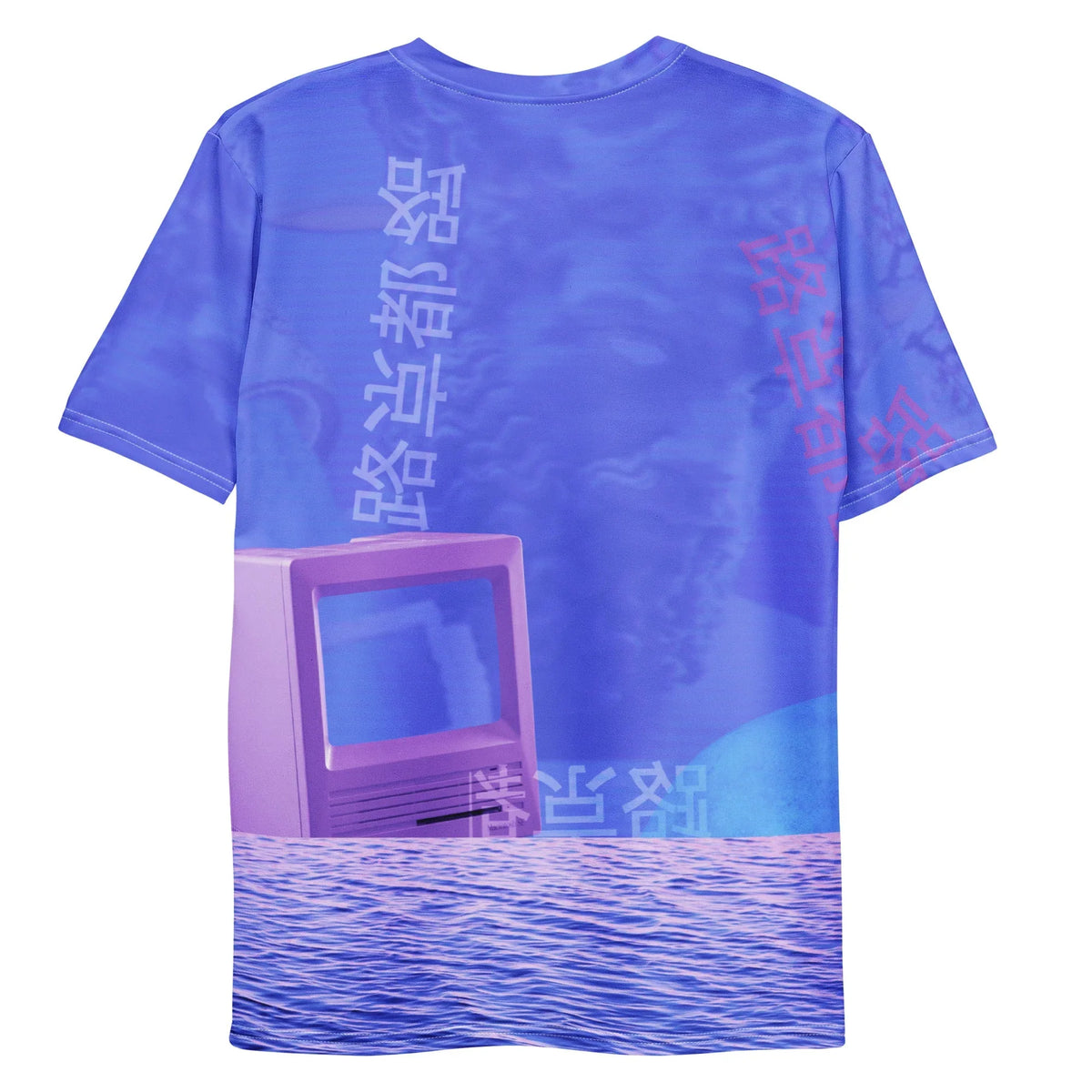 SADWAVE T-Shirt - The lavender-tinted Greco-Roman bust hovering above high-contrast synthetic water ripples against an electric periwinkle (#7B68EE) backdrop transitioning into deep synthwave violet (#483D8B)