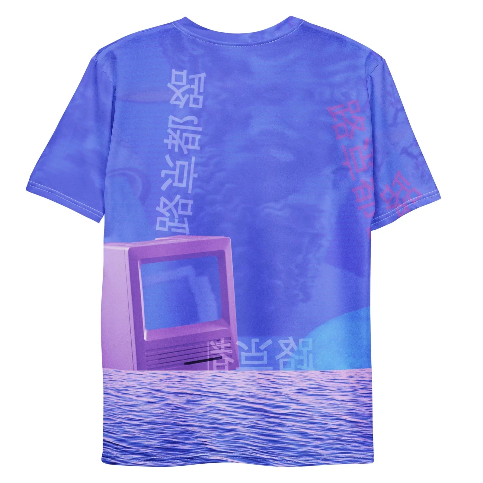 SADWAVE T-Shirt - The lavender-tinted Greco-Roman bust hovering above high-contrast synthetic water ripples against an electric periwinkle (#7B68EE) backdrop transitioning into deep synthwave violet (#483D8B)