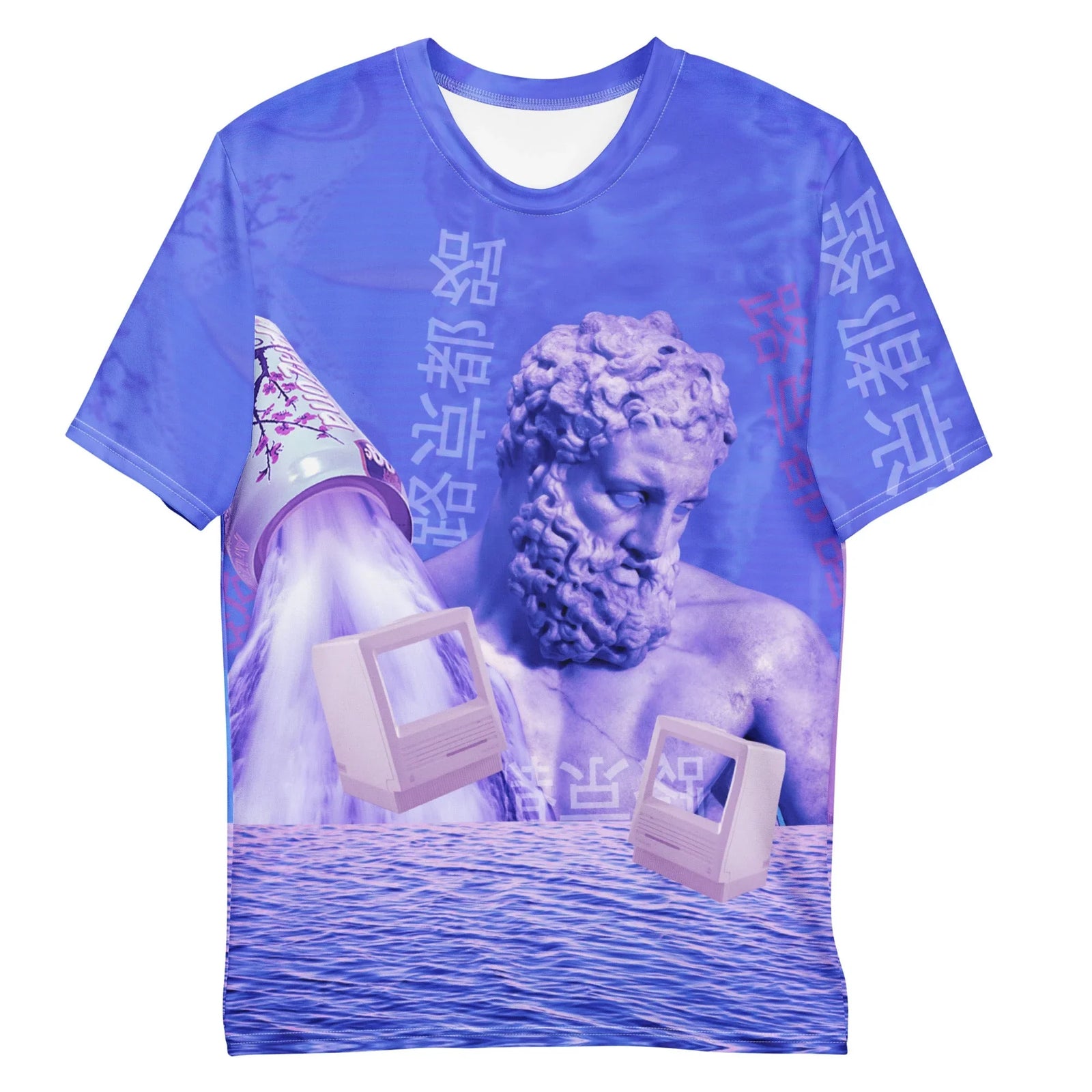 Anchored by a lavender-tinted marble bust, this surreal vaporwave collage features floating retro artifacts (beige CRT monitors) and a cherry blossom soda can pouring a glowing white waterfall. Contact us with accessibility feedback, we'd love to help!