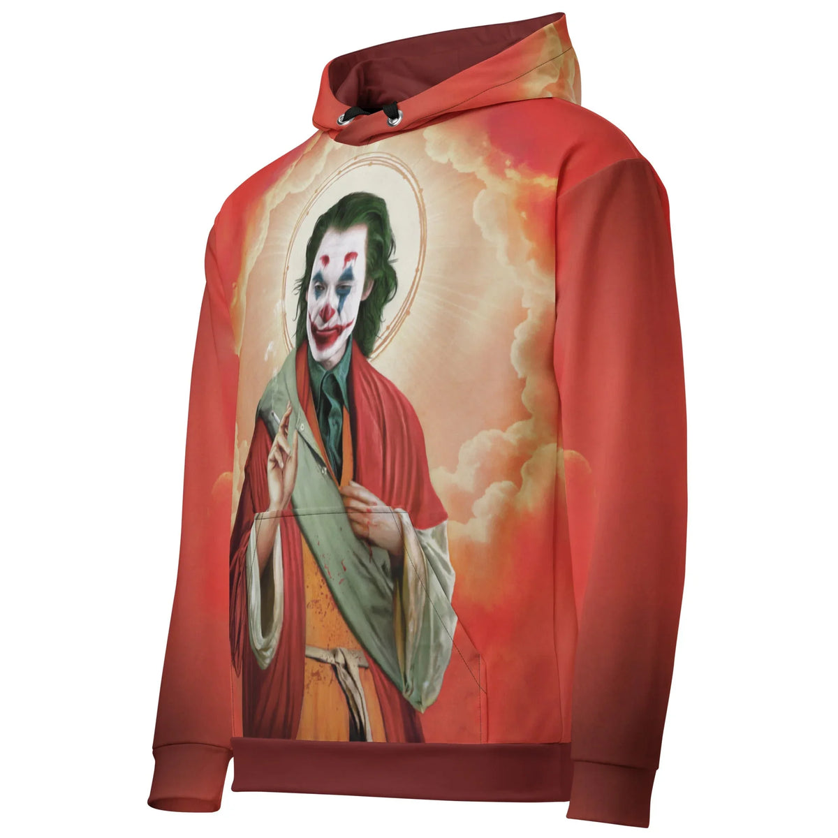Saint Joker Hoodie - The "rusty terracotta red (#A63C3C)" suit coat paired with the beatified "smoky ember orange (#E06F45)" halo and "smeared crimson" face paint