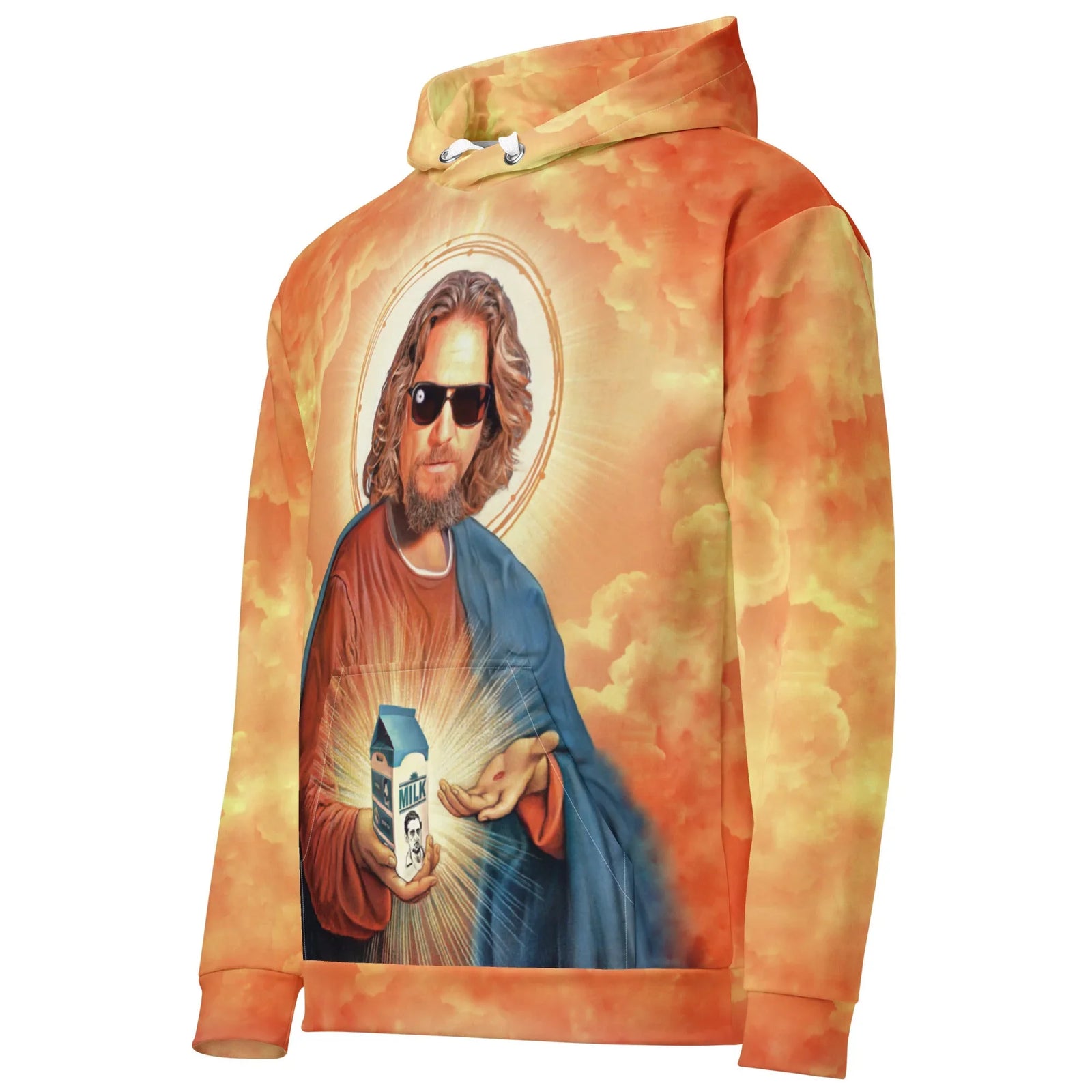 Saint The Dude Hoodie - The juxtaposition of the crimson bathrobe (#800020) with a golden Byzantine halo (#FFD700) and the carton of dairy creamer held in a benediction pose.
