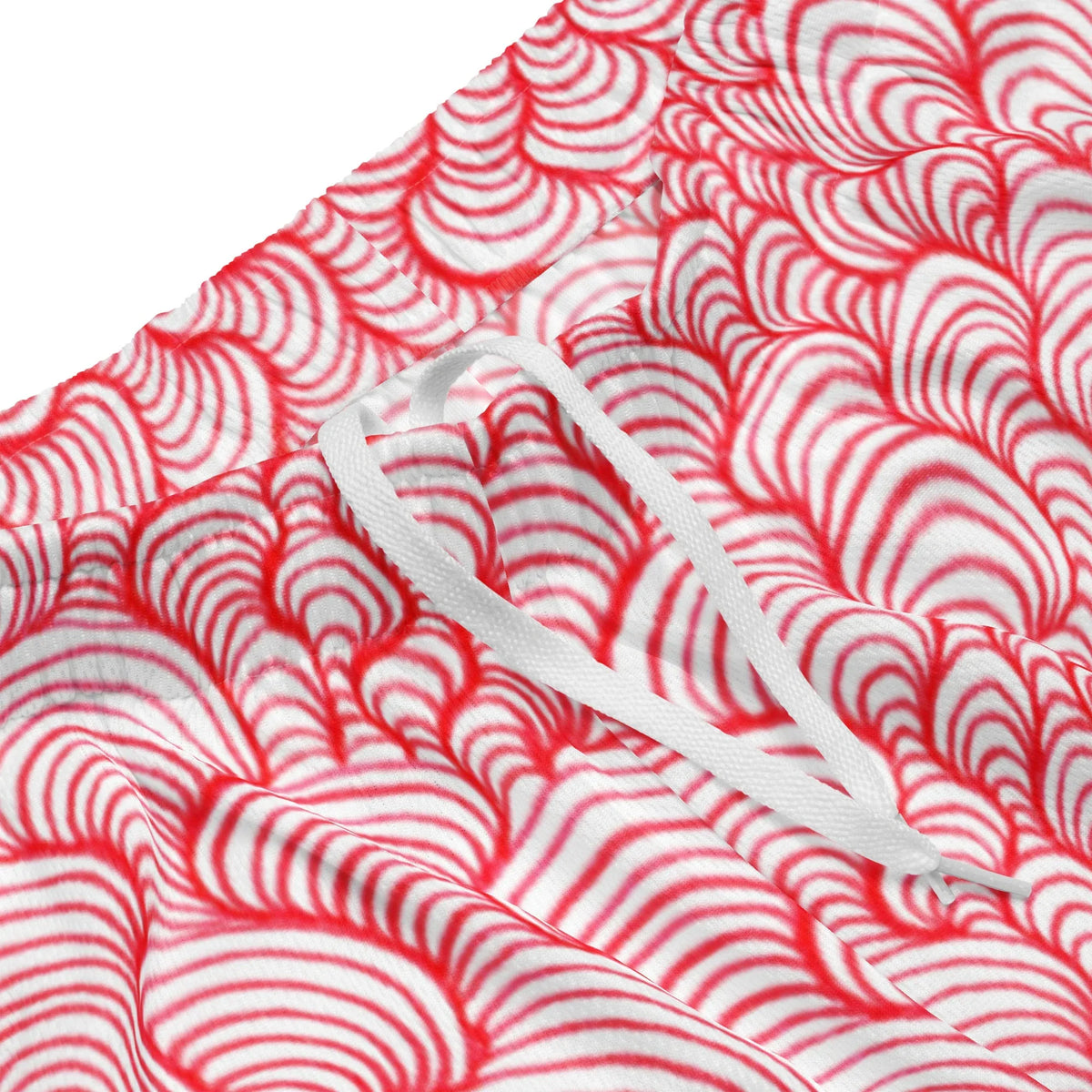 Scribblewave Men's Gym Shorts - The mesmerizing, unbroken path of **scarlet crimson (#DC143C)** ink winding through **porcelain white (#FFFFFF)** negative space, creating a deceptive depth map that resembles both a biological fingerprint and a geological survey.