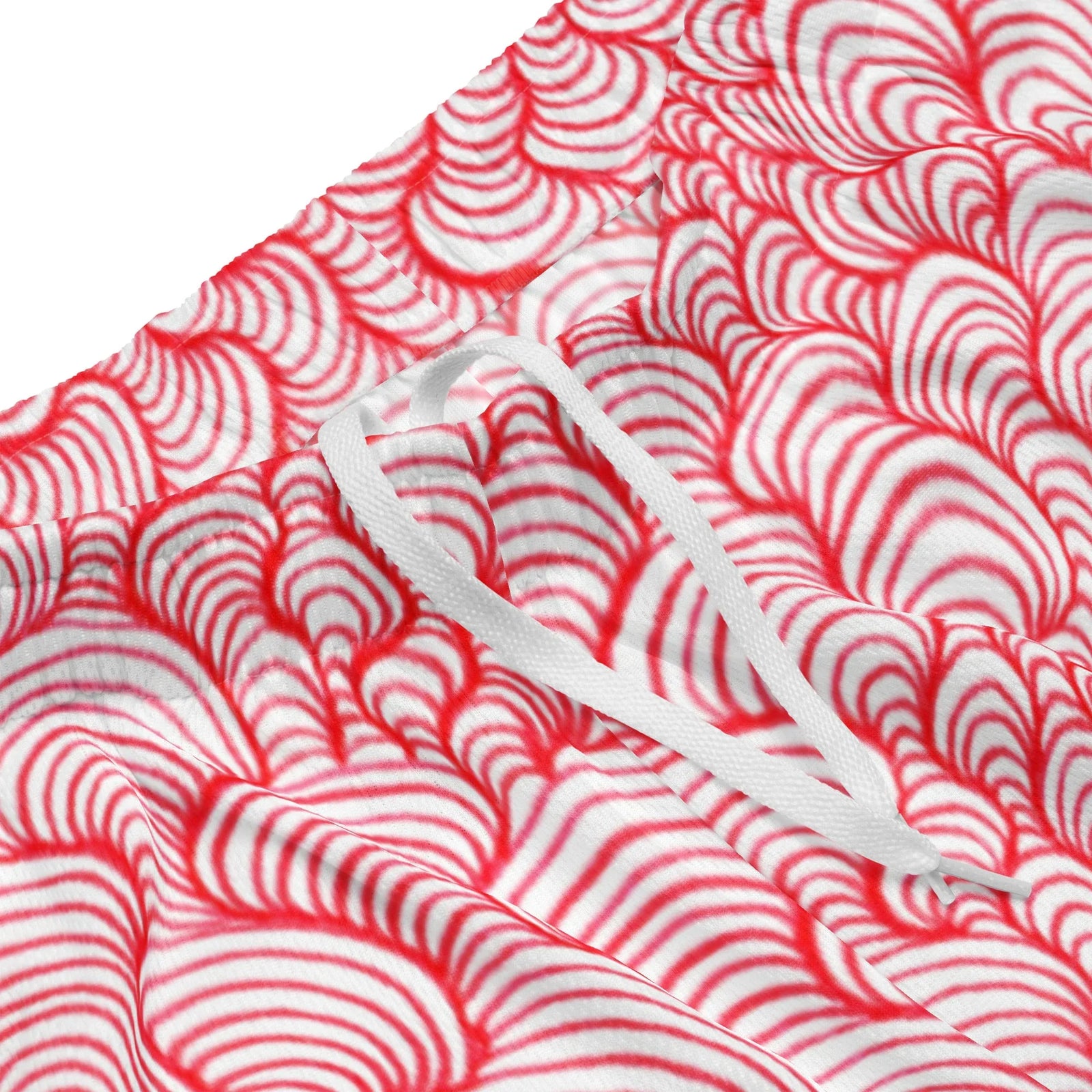 Scribblewave Men's Gym Shorts - The mesmerizing, unbroken path of **scarlet crimson (#DC143C)** ink winding through **porcelain white (#FFFFFF)** negative space, creating a deceptive depth map that resembles both a biological fingerprint and a geological survey.