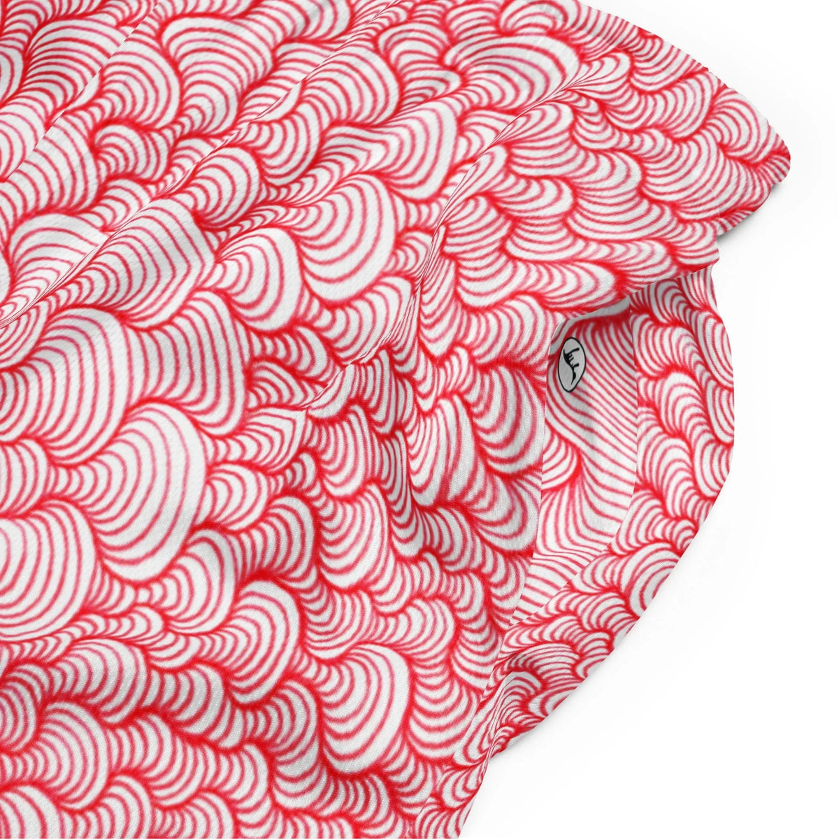 Scribblewave Men's Gym Shorts in Crimson Kinetic Pulse. OEKO-TEX® 100, REACH Compliant, Zero-Wastewater Printing.