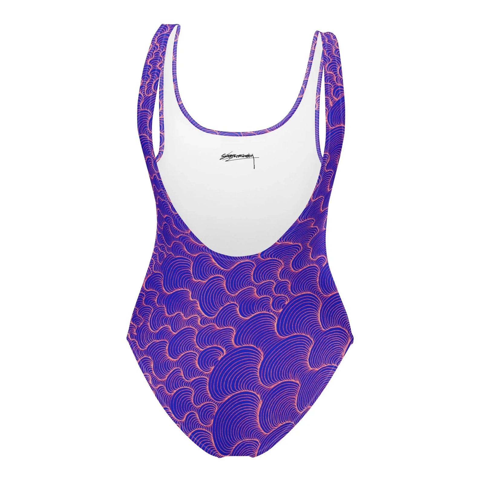 Scribblewave One-Piece Swimsuit in Indigo Coral Current. OEKO-TEX® 100, REACH Compliant, Zero-Wastewater Printing.