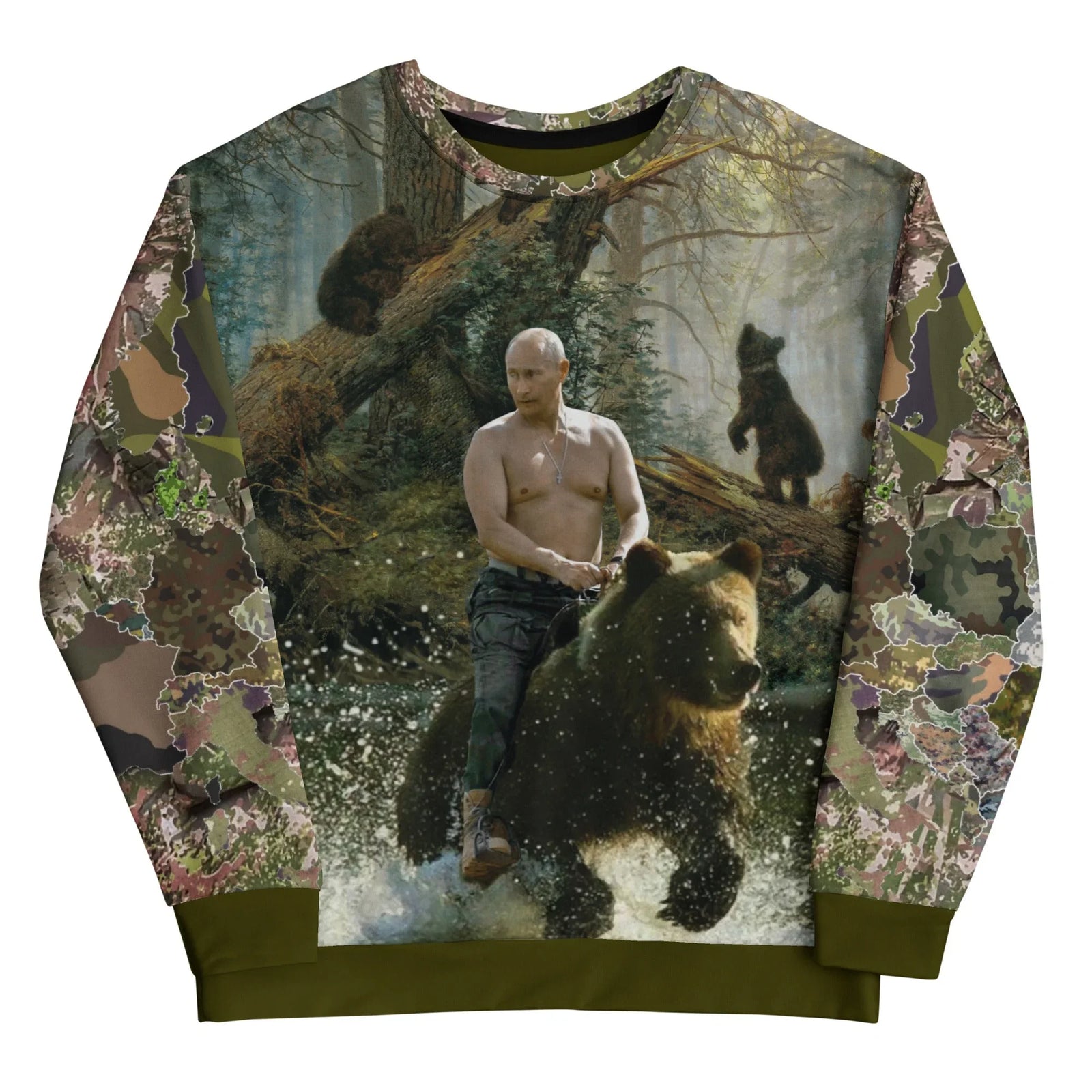 A photo-realistic, surreal montage depicts a shirtless, stoic figure wearing a silver cross while riding a massive brown bear through river mist. Contact us with accessibility feedback, we'd love to help!