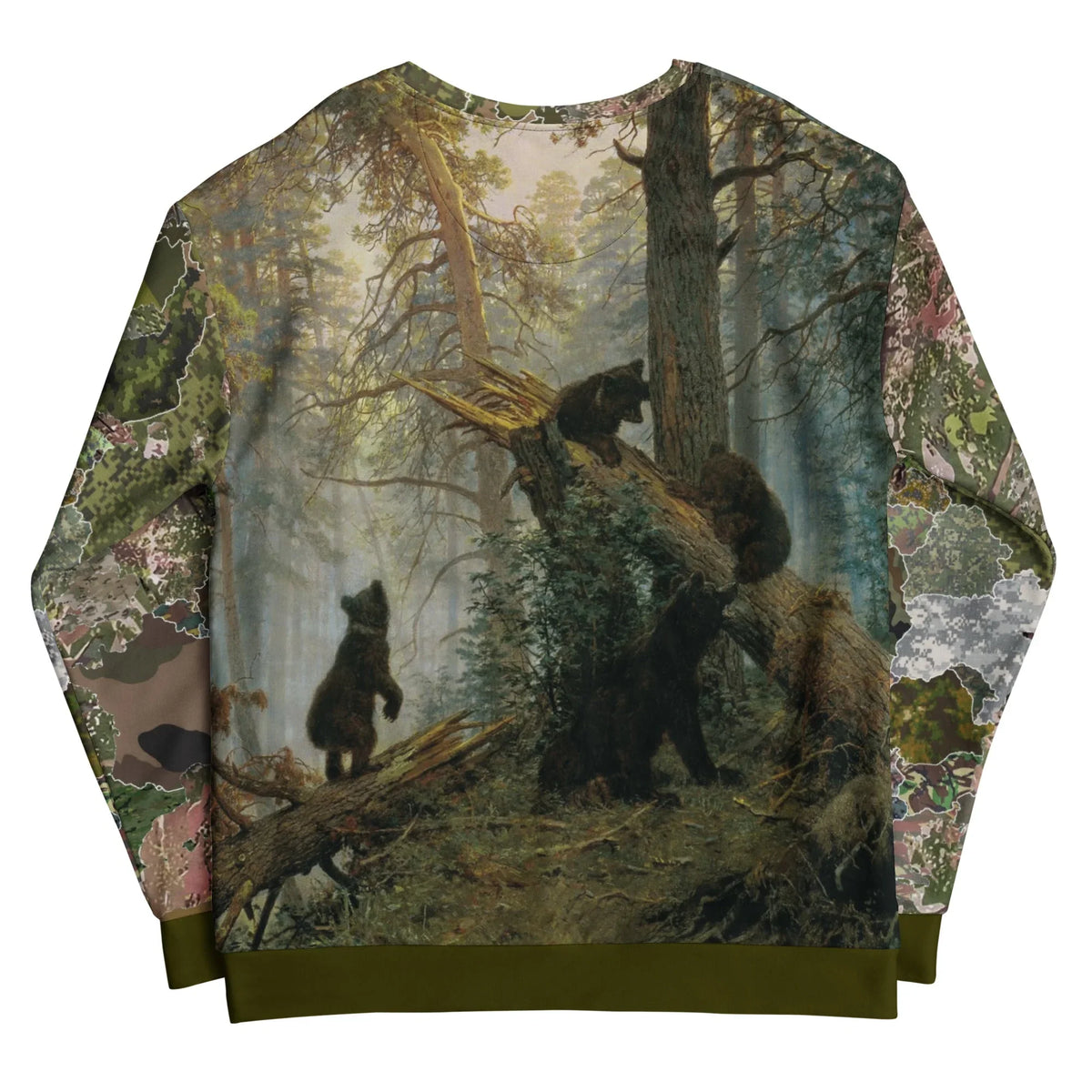Siberian Prince Sweatshirt - The distinct montage of a bare-chested political figure riding a charging grizzly bear (#3E2723 grizzly coat) set against a classical Romantic-era forest backdrop inspired by Shishkin and Savitsky's "Morning in a Pine Forest," with dynamic river splashes (#B0BEC5 river mist) and misty coniferous wilderness.