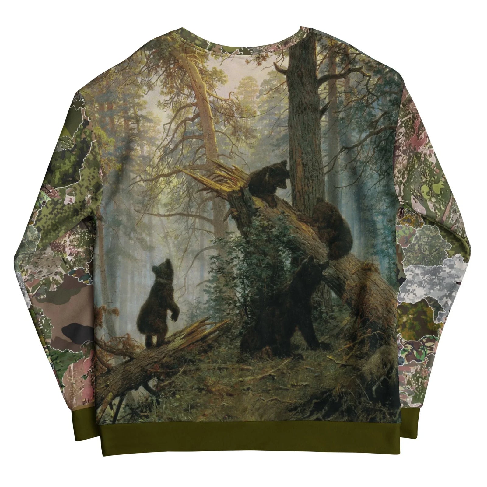 Siberian Prince Sweatshirt - The distinct montage of a bare-chested political figure riding a charging grizzly bear (#3E2723 grizzly coat) set against a classical Romantic-era forest backdrop inspired by Shishkin and Savitsky's "Morning in a Pine Forest," with dynamic river splashes (#B0BEC5 river mist) and misty coniferous wilderness.