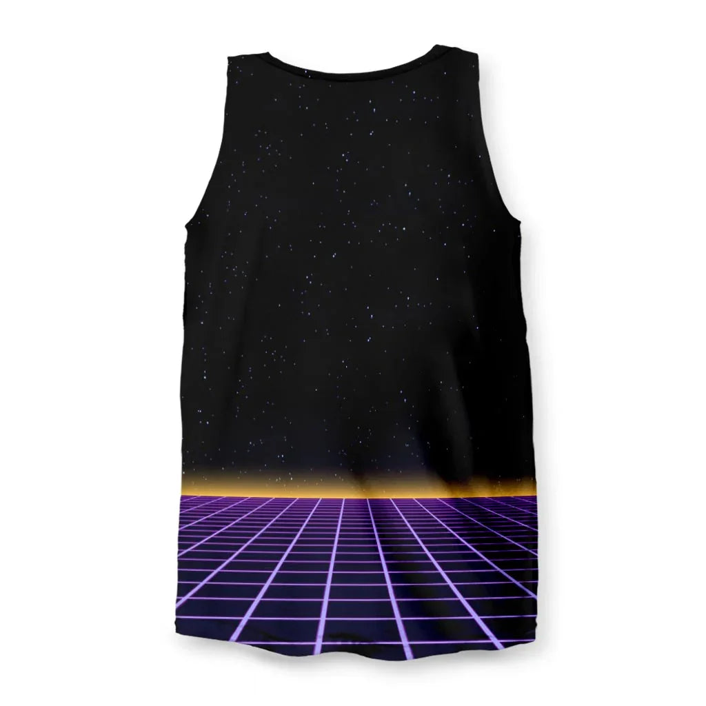 Skeletor Men's Tank - The juxtaposition of the #F5C655 golden skull against the #5D3FD3 neon violet "Outrun" perspective grid, instantly evoking both the Castle Grayskull era and the synthwave soundtrack aesthetic of films like "Drive"