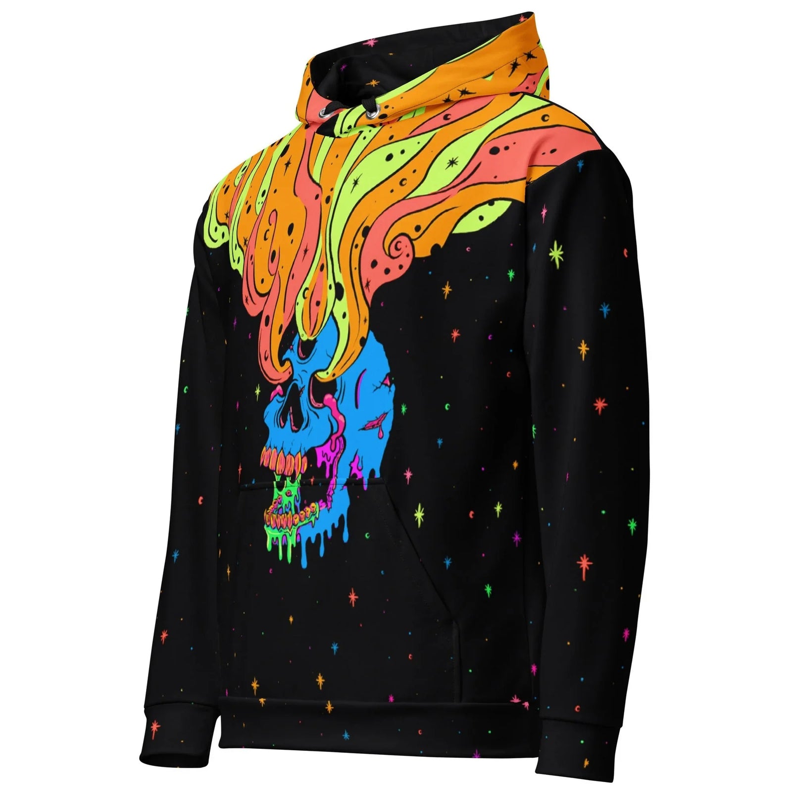 Skelly Space Drip Hoodie - The electric cyan (#00B7EB) liquefying skull erupting into radioactive tangerine (#FF9933) and ectoplasmic lime (#CCFF66) lava-lamp plumes.