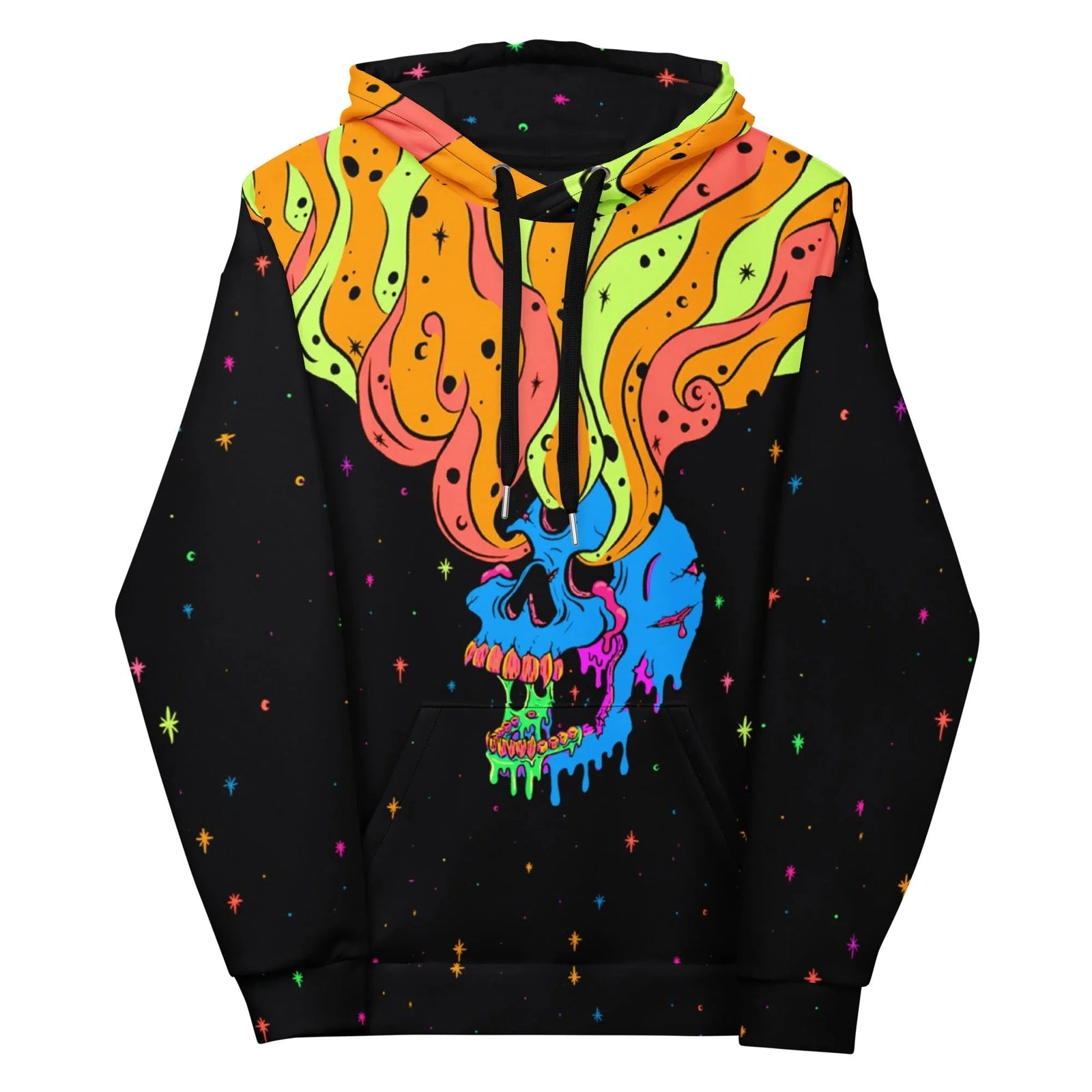 Anchored by a melting electric cyan skull, this high-contrast psychedelic design explodes against a deep obsidian void. Contact us with accessibility feedback, we'd love to help!