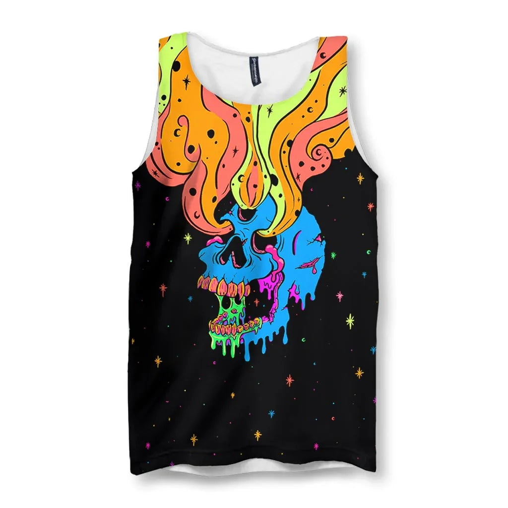 A surreal, psychedelic skull rendered in electric cyan dissolves against a deep void black background scattered with cosmic stars. Contact us with accessibility feedback, we'd love to help!