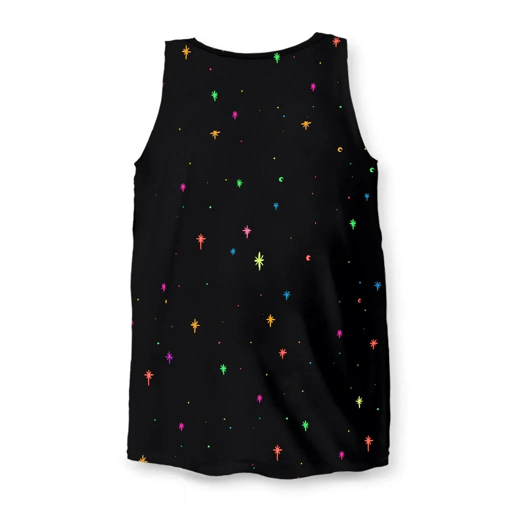 Skelly Space Drip Men's Tank - The jarring contrast of the electric cyan (#00FFFF) cranium dissolving into viscous, radioactive lime green (#32CD32) and tangerine orange (#FF9900) lava-lamp fluid