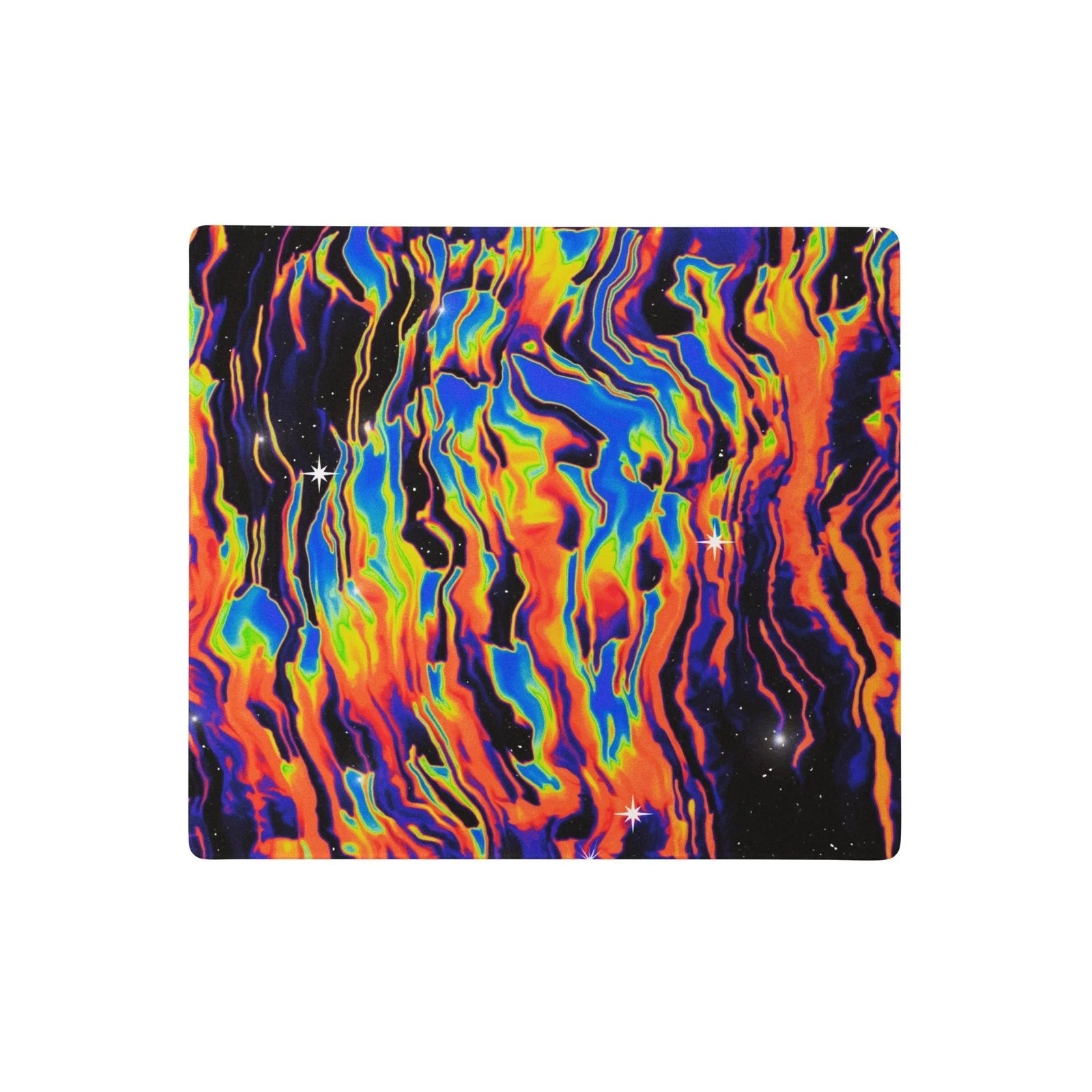 Space Drip Desk Mats - The violent transition between **void black (#050505)** space and the melting **magma orange (#FF4500)** thermal currents, bleeding into **electric sapphire blues (#0E4D92)** and flashes of **radioactive lime green (#32CD32)**