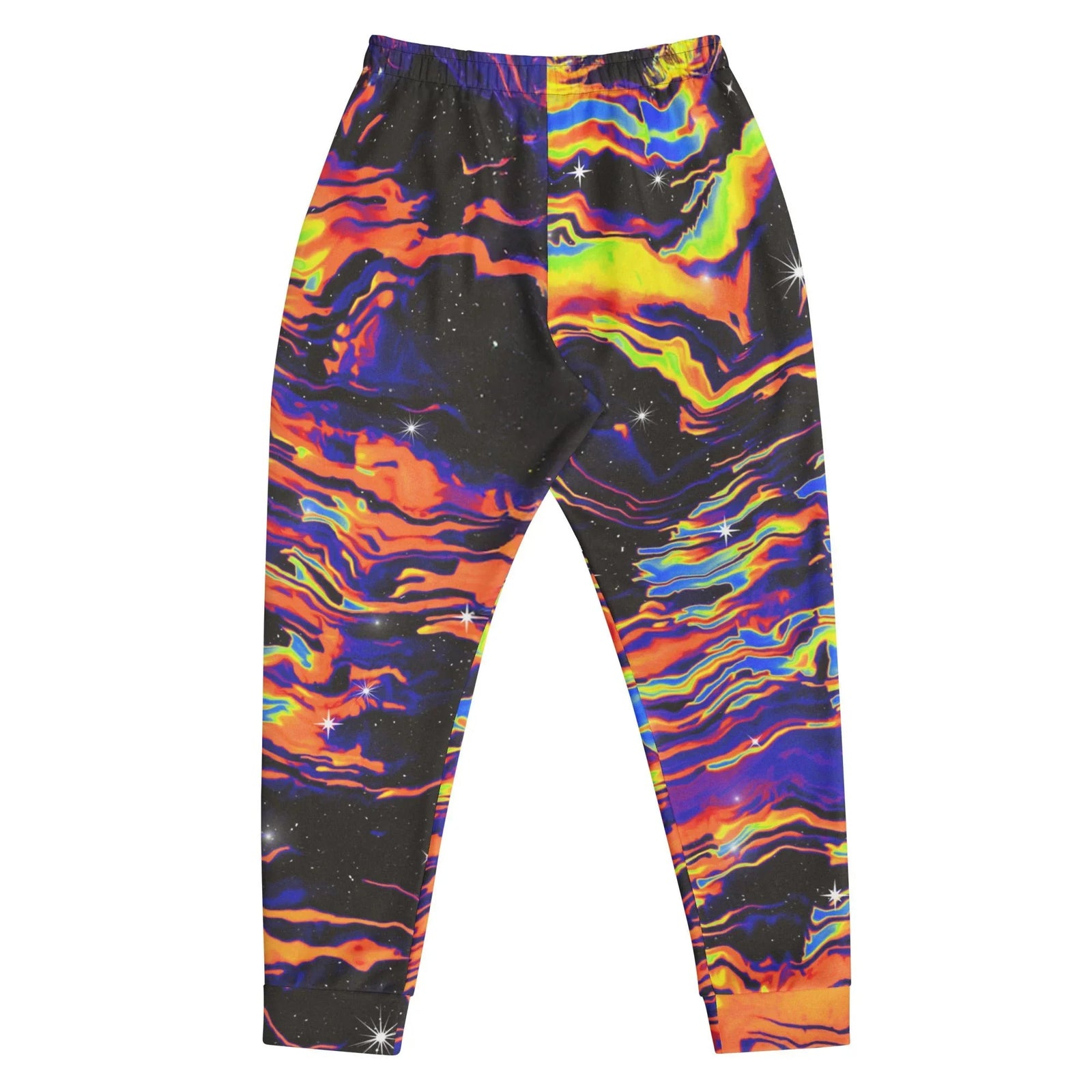 Space Drip Joggers - The hyper-saturated "molten" effect where magma orange (#FF4500) and electric solar yellow (#FFFF00) act as viscous fluids dragging the starfield downwards, intertwined with hyper-blue plasma (#1F45FC) and deep ultraviolet (#8A2BE2) streams, creating a kinetic liquefying illusion against the void black (#0C0C0C).