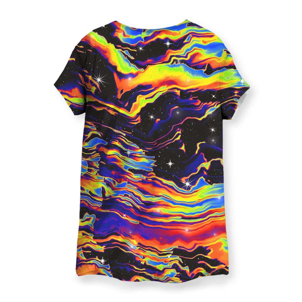 Space Drip Womens Tee - The optical illusion of movement created where acid lime green (#BFFF00) ridges distort the cobalt currents (#0047AB) around static white (#FFFFFF) starbursts