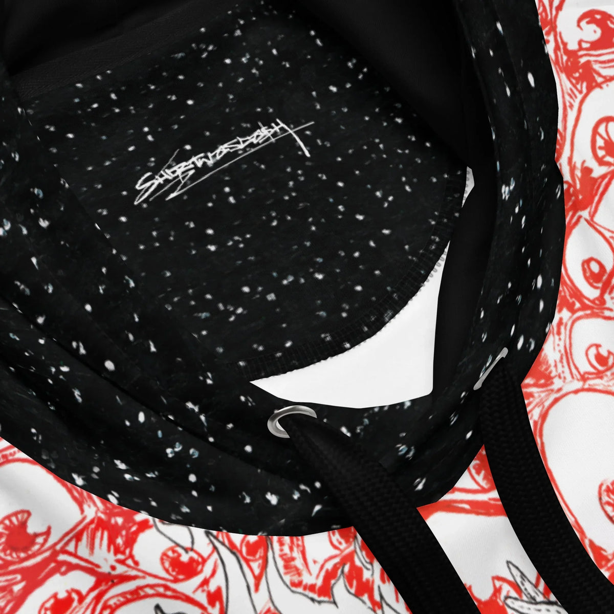 Space is an Ocean Hoodie - The jarring contrast of the dense Crimson Gaze (#CC0000) ocular ceiling pressing down against the rough pen-and-ink wreckage below, set against a Void Black (#000000) backdrop speckled with Starlight White (#F8F8F8) static.