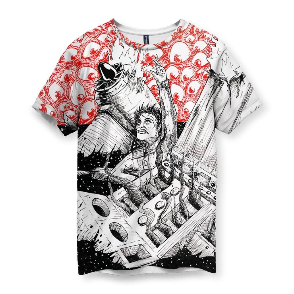 A surreal mass of crimson red bloodshot eyes bleeds downward into a gritty manga-style illustration on a stark paper white base. Contact us with accessibility feedback, we'd love to help!