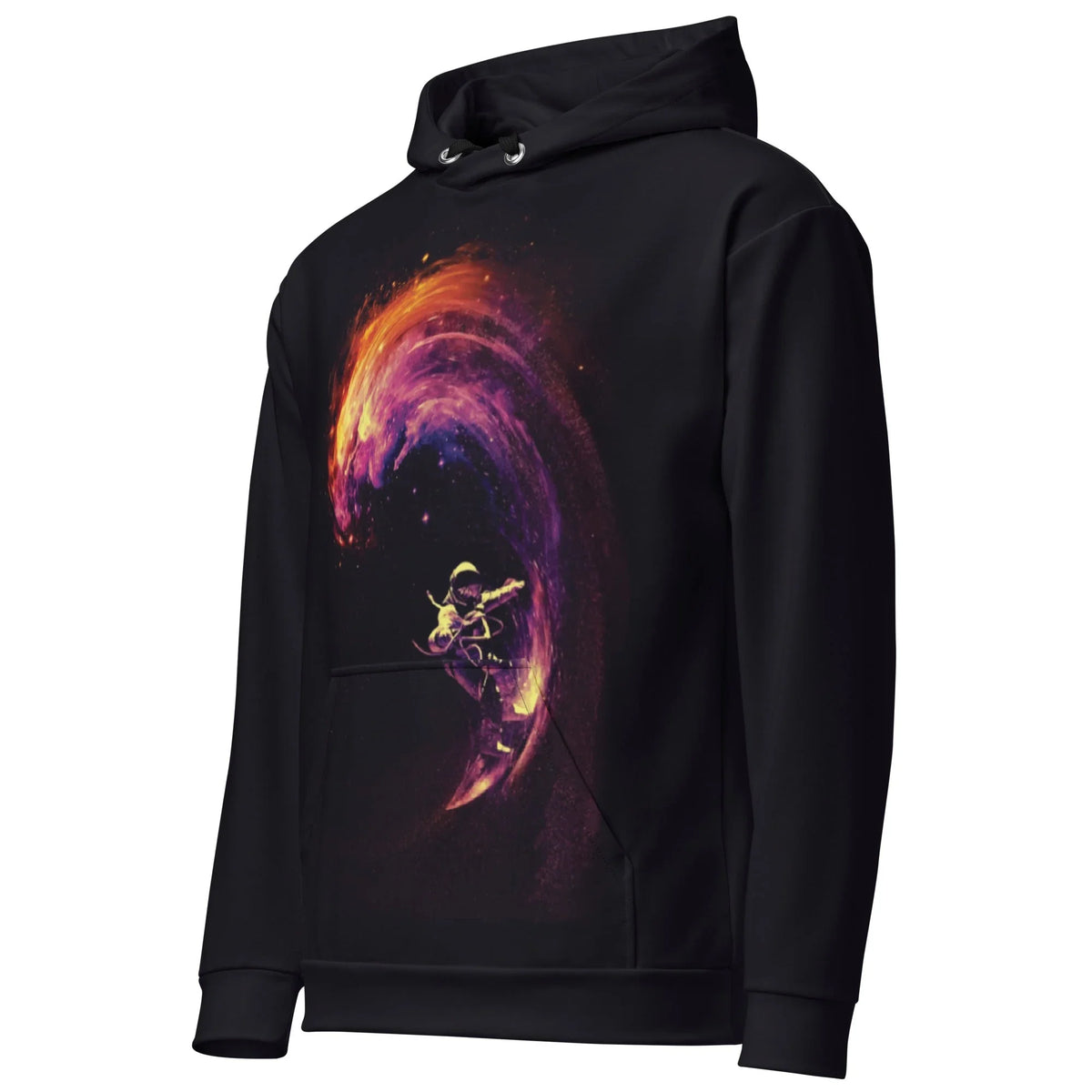 Space Wave Hoodie - The stark white EVA suit silhouette contrasting against the blazing solar flare orange (#FF4500), galactic violet (#8A2BE2), and starlight yellow (#FFD700) nebula crest.