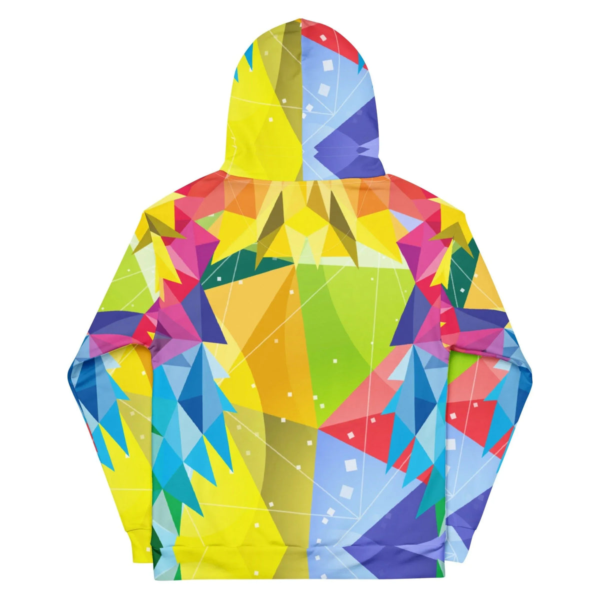 Spiritual Lion Hoodie - The jagged, stained-glass tessellation of the lion's mane rendered in contrasting high-voltage cyan (#00BCD4) and dandelion yellow (#FFEB3B).