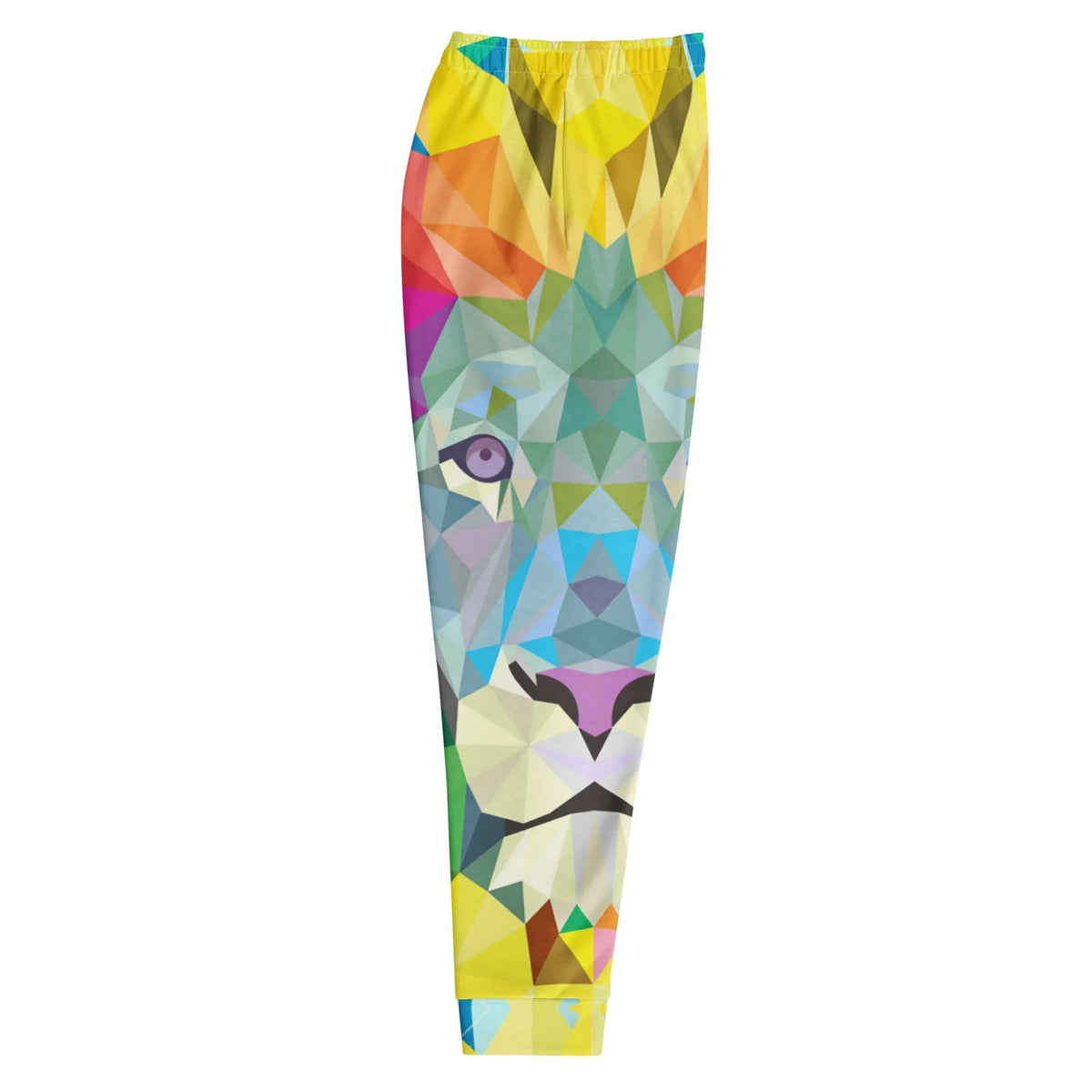 Spiritual Lion Joggers - The fragmented, triangular mesh reconstruction of the feline eye in glacial turquoise (#40E0D0) contrasting against solar flare yellow (#FDD017) facets