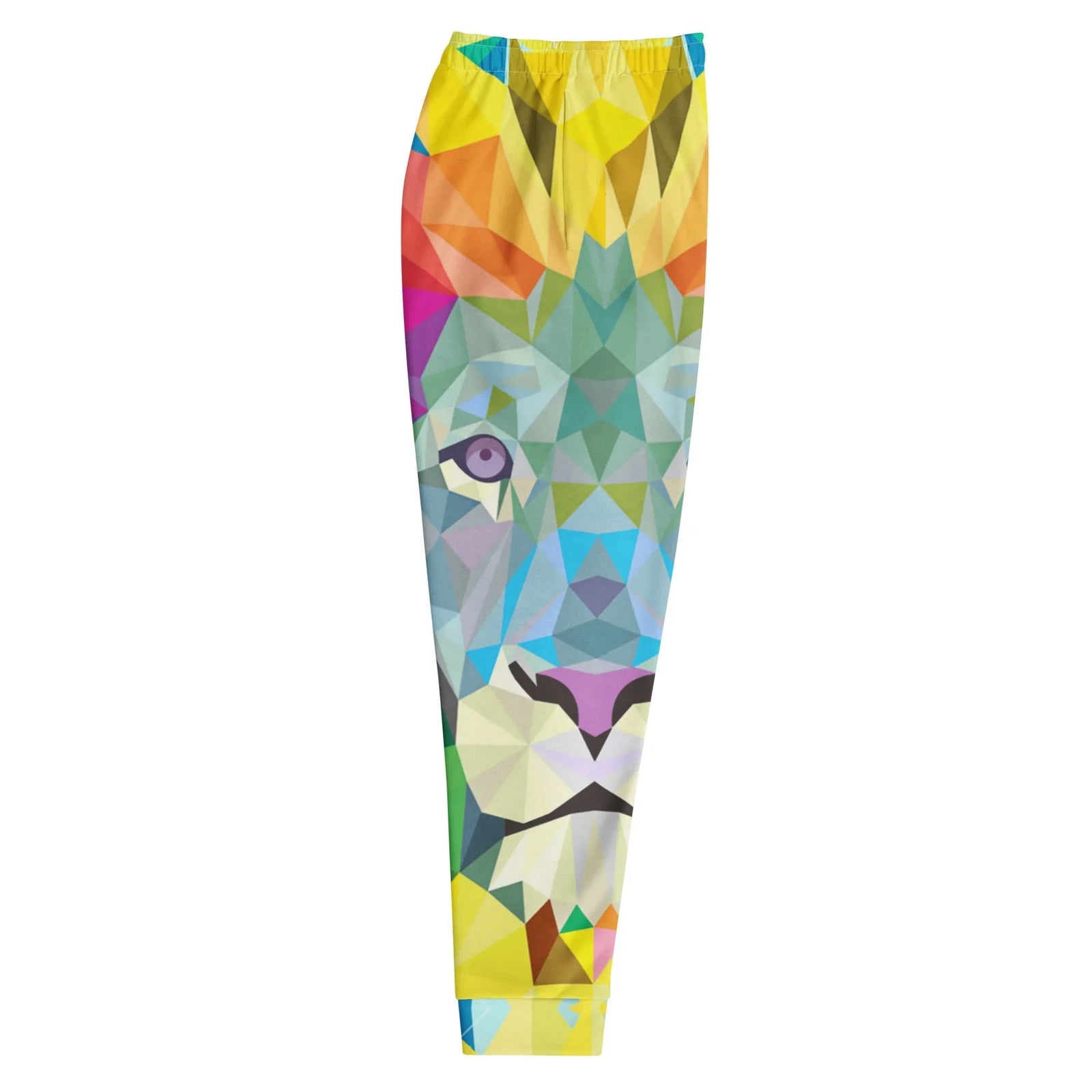 Spiritual Lion Joggers - The fragmented, triangular mesh reconstruction of the feline eye in glacial turquoise (#40E0D0) contrasting against solar flare yellow (#FDD017) facets