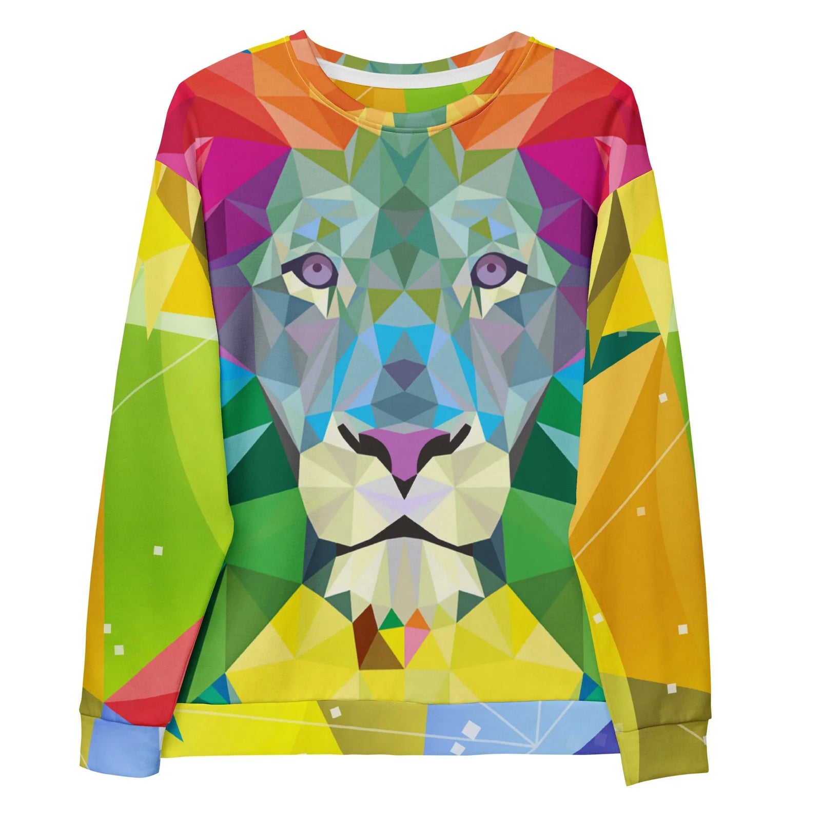 A majestic, forward-facing lion commands attention, rendered in a striking low-poly aesthetic composed of sharp, interlocking geometric shards. Contact us with accessibility feedback, we'd love to help!