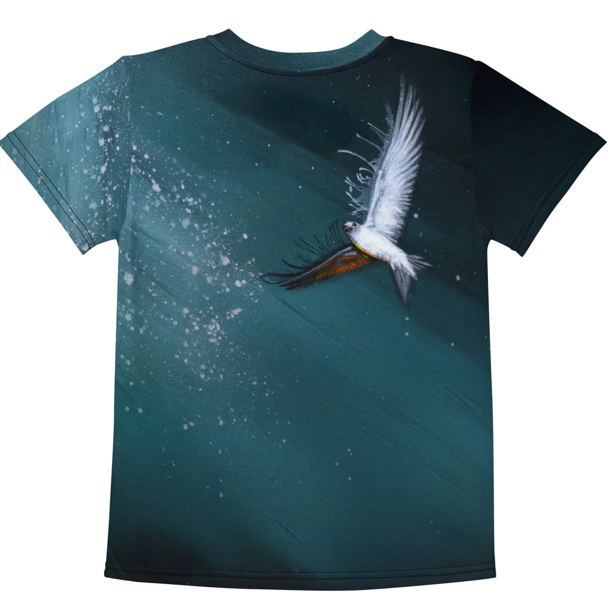 St Elmos Fire Kid's Tee - The jarring juxtaposition of the #C41E3A Cardinal Fur texture against the solemn #0047AB Saintly Blue robes in a mock-serious pose, amplified by the turbulent #FFD700 Hallowed Gold flames and the moody #0F2B36 Midnight Lagoon background.
