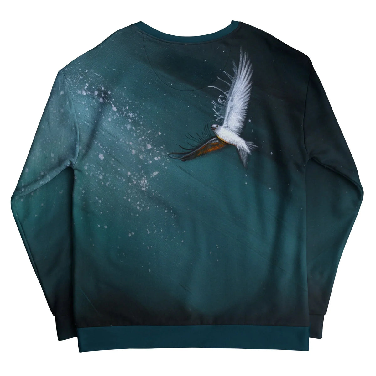 St Elmos Fire Sweatshirt - The "Wide-Eyed Crimson Puppet" standing in profile wearing "Cerulean Monk's Blue (#183661)" robes while unleashing a stream of "Inferno Gold (#F4C430)" fire, set against an "Abyssal Teal (#0E2F33)" vignette with frantic white doves.