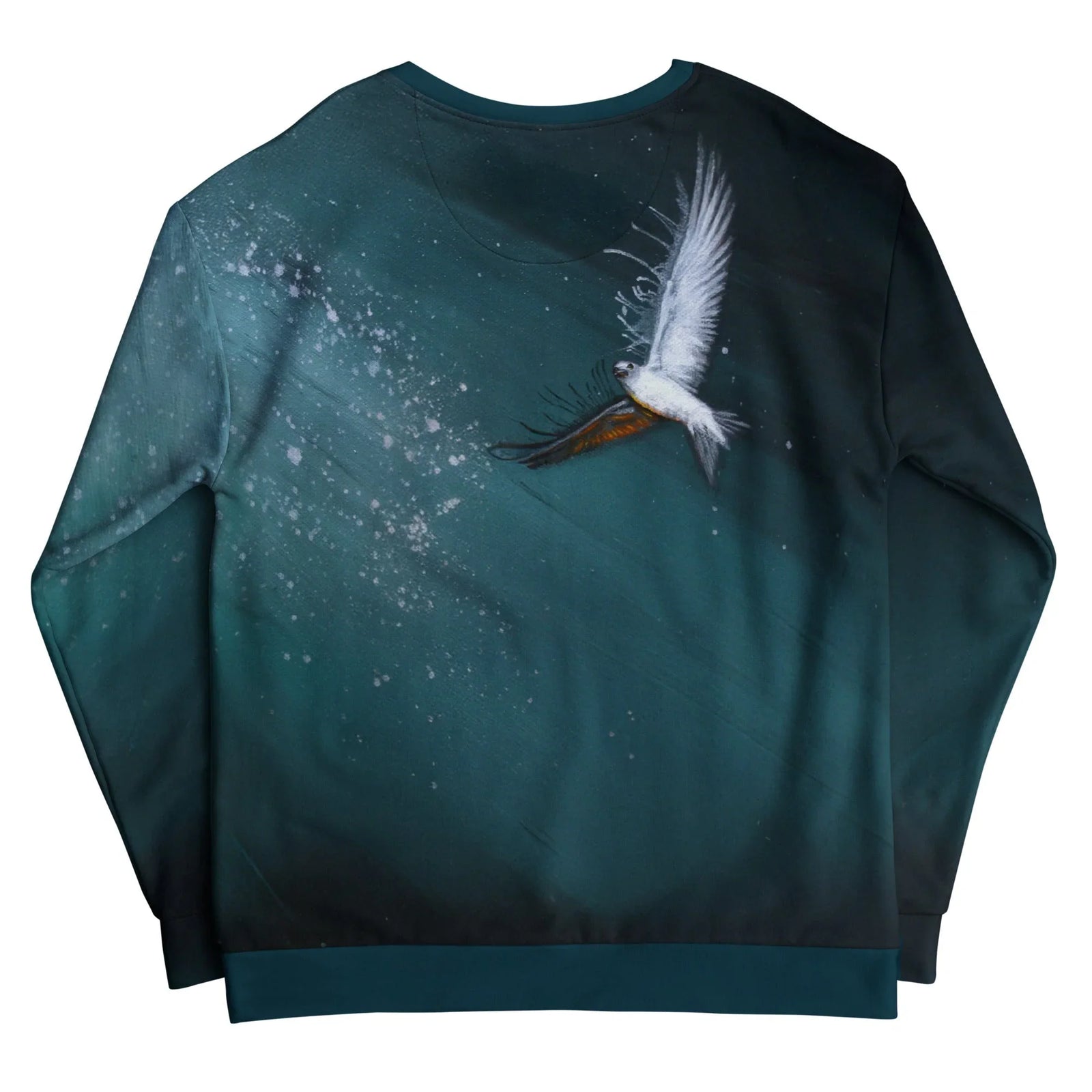 St Elmos Fire Sweatshirt - The "Wide-Eyed Crimson Puppet" standing in profile wearing "Cerulean Monk's Blue (#183661)" robes while unleashing a stream of "Inferno Gold (#F4C430)" fire, set against an "Abyssal Teal (#0E2F33)" vignette with frantic white doves.