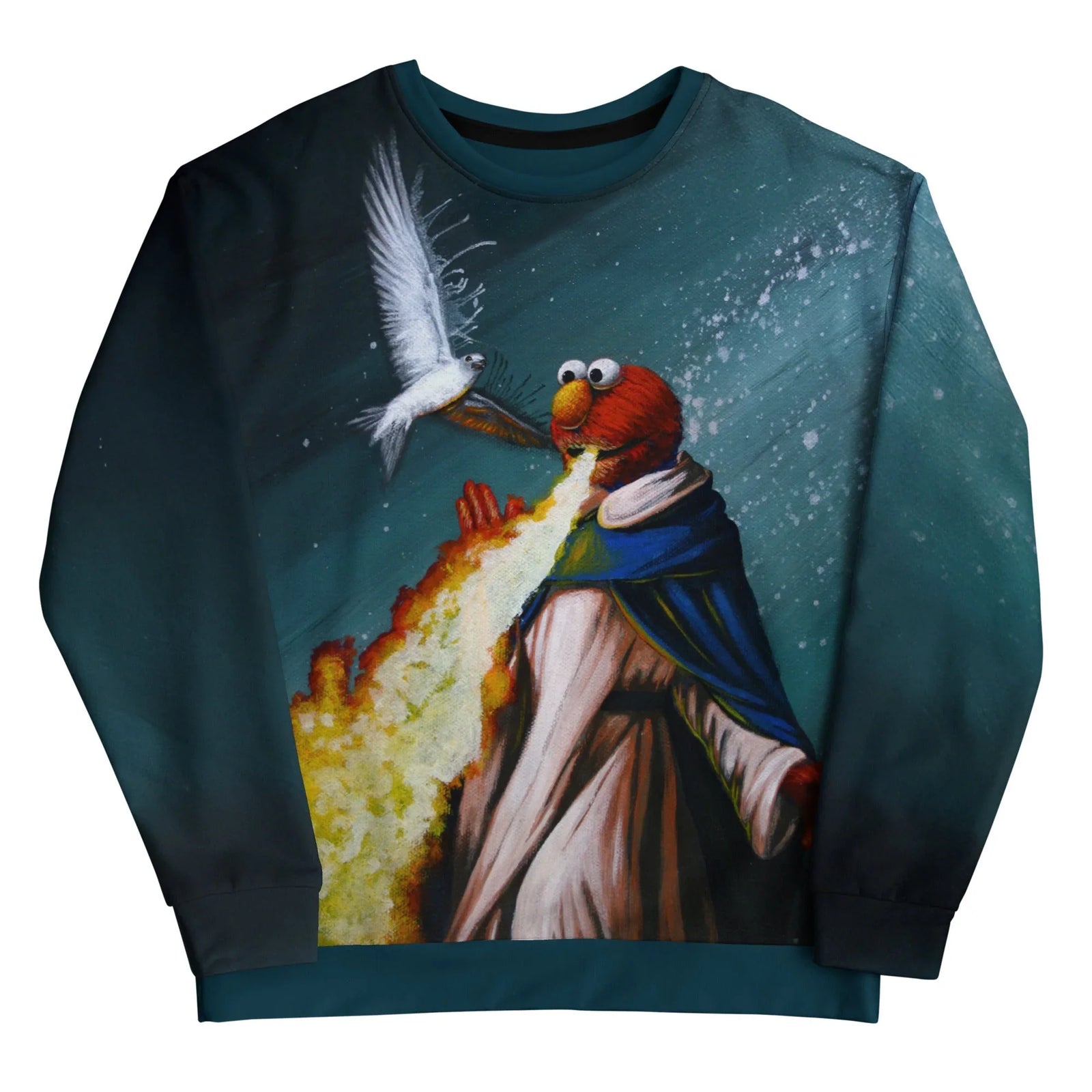 Rendered as a dramatic classical oil painting, this surrealist design depicts a wide-eyed crimson puppet creature dressed in Cerulean Monk's Blue holy vestments. Contact us with accessibility feedback, we'd love to help!