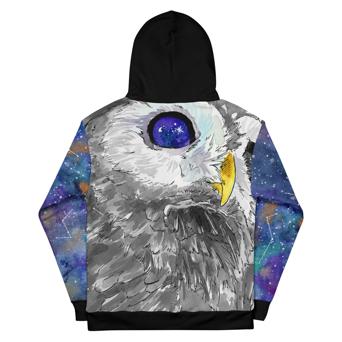 Stargazer Hoodie - The stark contrast of the coral red (#FF6B6B) plumage against the midnight nebula blues (#2A2D7C) on the sleeves, anchored by the void-like, star-filled eyes of the owl.