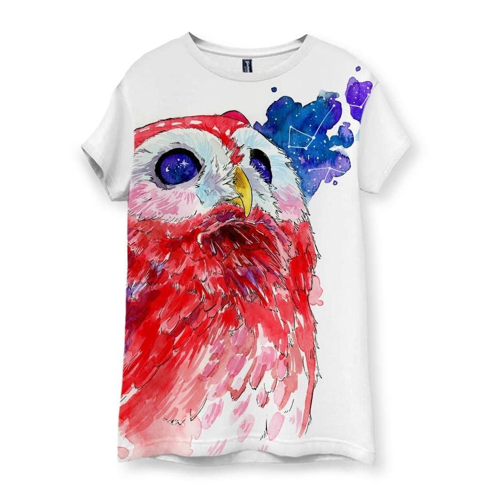 A stylized owl rendered in loose watercolor dominates a clean white background, featuring plumage in vibrant washes of scarlet and magenta detailed with fine ink linework. Contact us with accessibility feedback, we'd love to help!