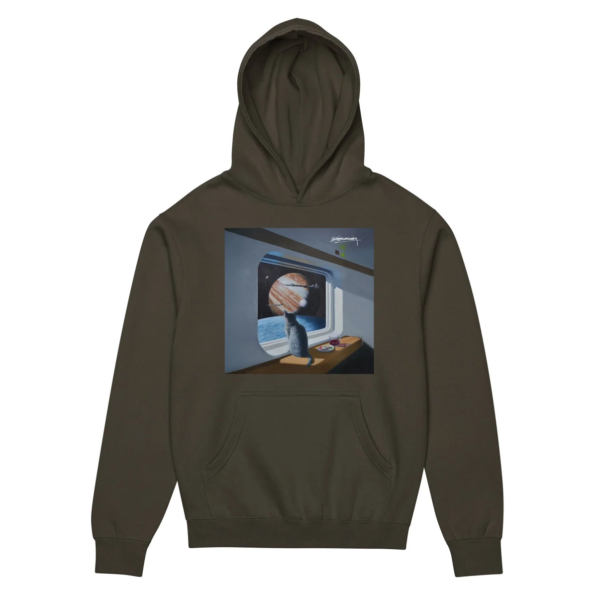 Starship Cat Hoodie - The high-contrast juxtaposition of the silhouetted domestic feline against the vast, rust-colored atmospheric bands (#A0522D) of the gas giant and the bright azure atmospheric horizon (#4682B4) outside the rounded viewport