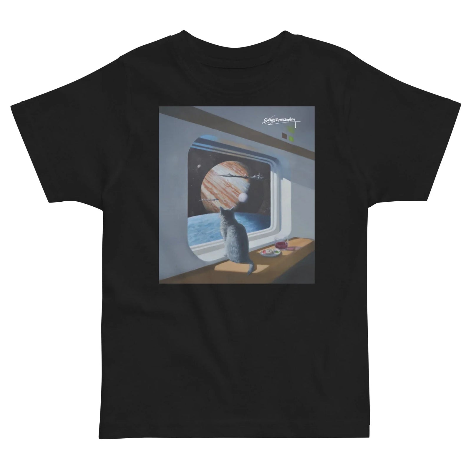 On a deep obsidian black backdrop, a painterly sci-fi graphic depicts a grey cat silhouette perched before a thick, futuristic viewport. Contact us with accessibility feedback, we'd love to help!